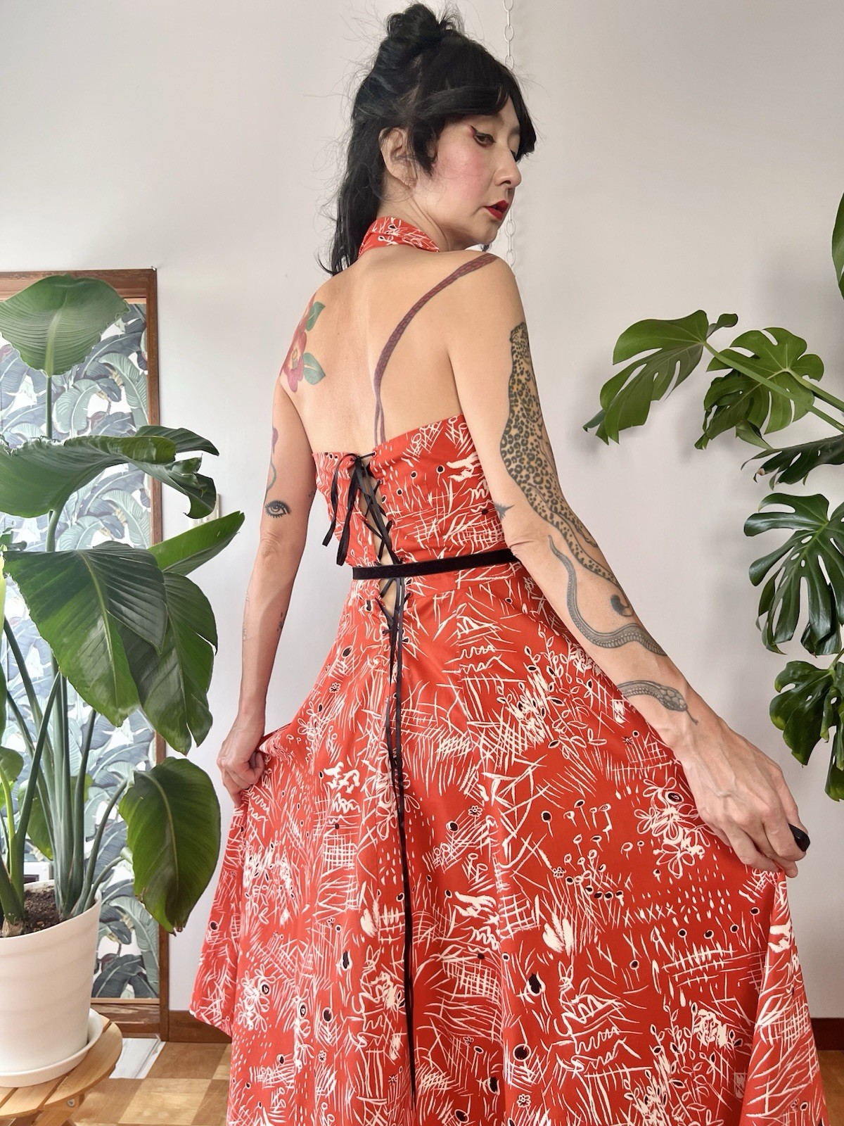 50s Abstract Print Collared Halter Neck Corset Lace Up Cotton Dress S/M LVL Tiki