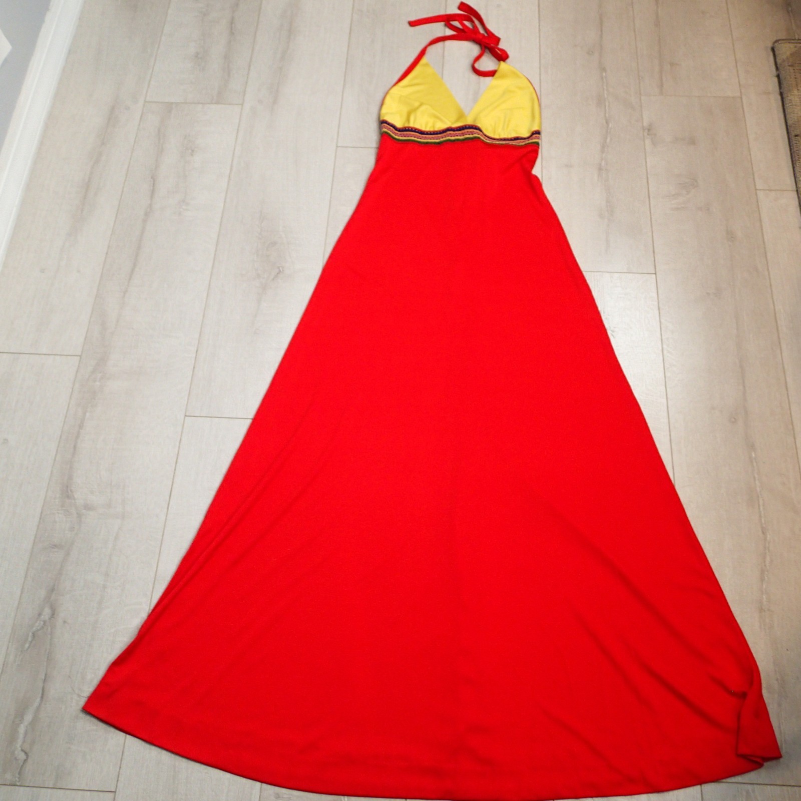 70s Joy Stevens California Halter Dress red yellow Maxi crochet boho sz 5/6