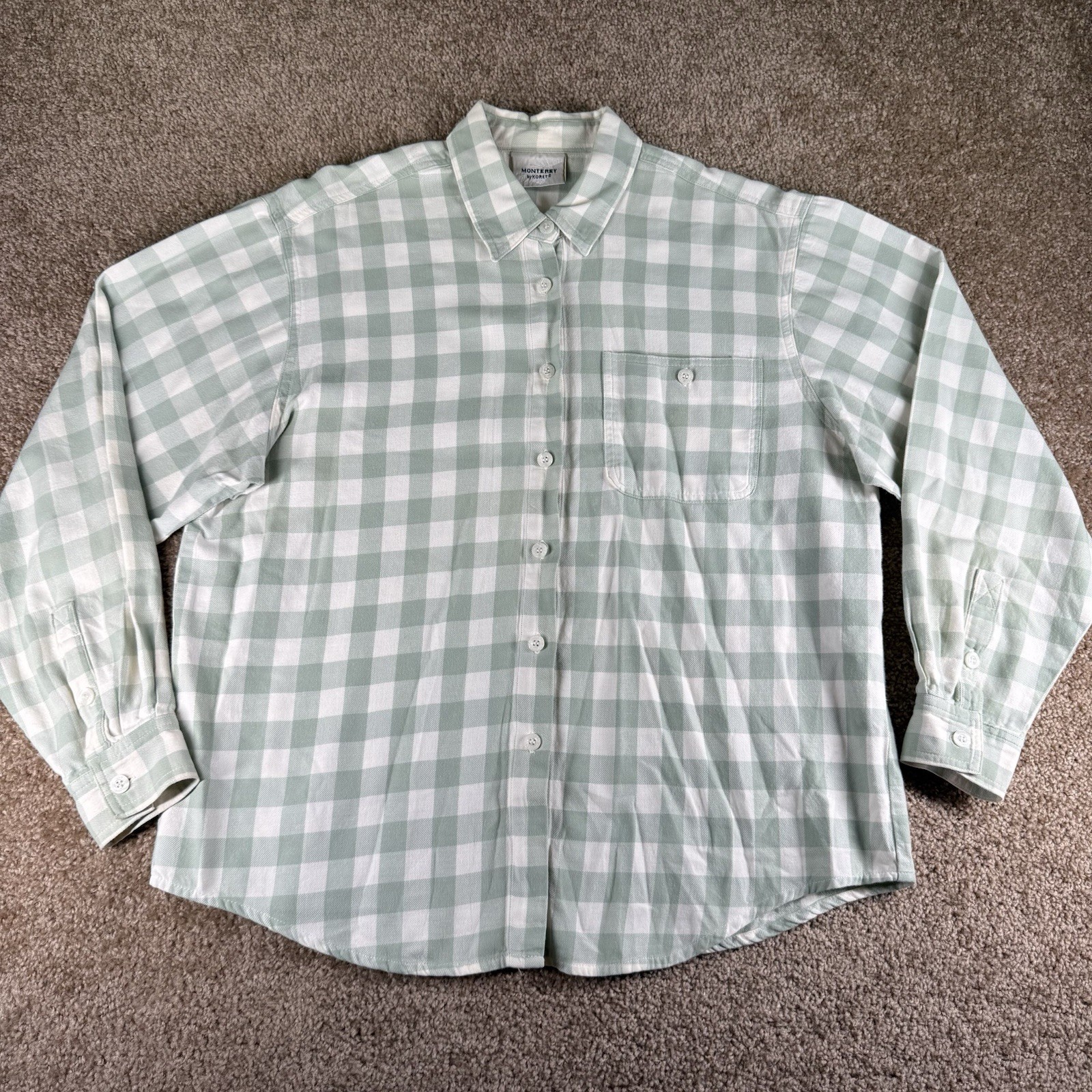 Vintage Montery By Koret Ivory And Green Gingham Checkered Longsleeve Button Up