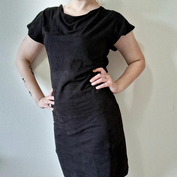90s Genuine Black Suede Cowl Neck Mini Dress Small