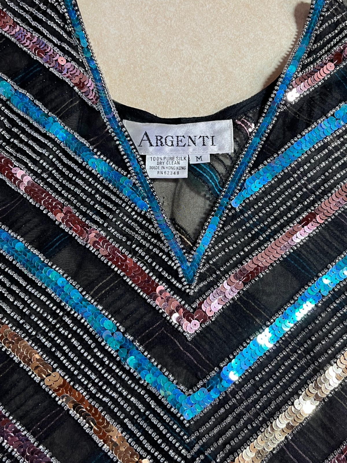 1980s Club Scene Black & Blue & Silver Sequin Silk Blouse by Argenti Size Medium