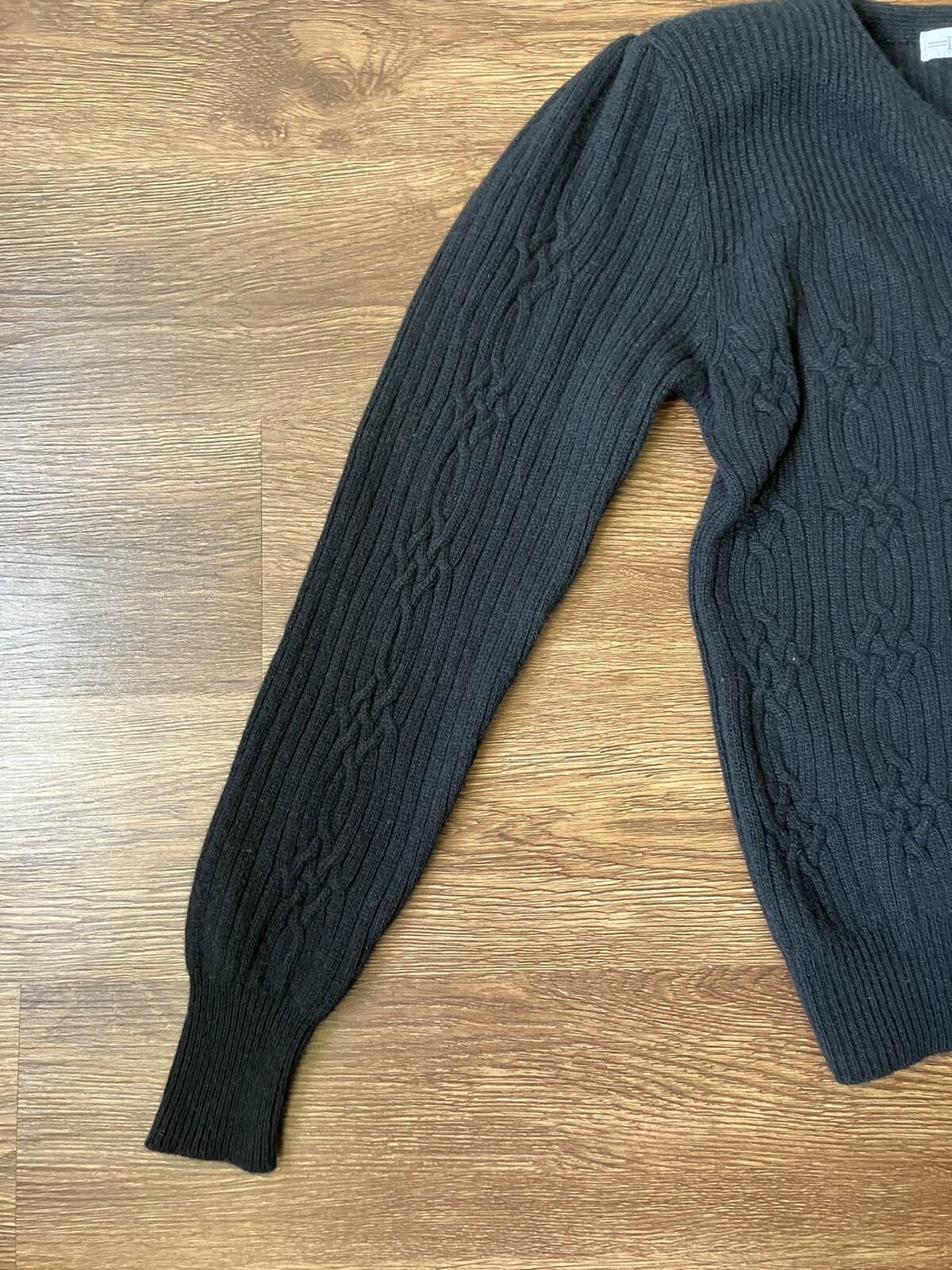 Vintage ’80s David Hollis Black Angora Blend Cable Rib Knit Cardigan Sweater S/M