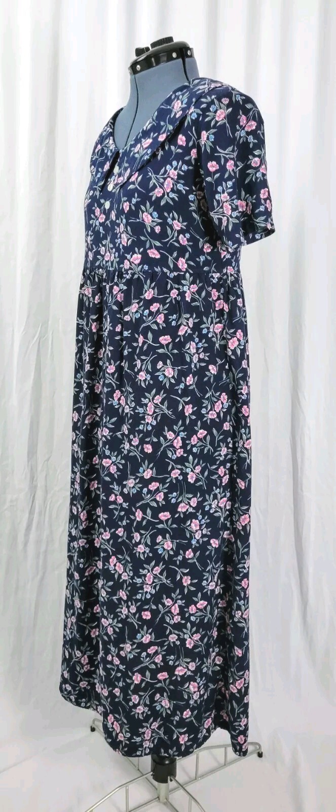 Vtg Ulterior Motives Navy Blue Floral Dress w Raised Waistline & Collar Size M