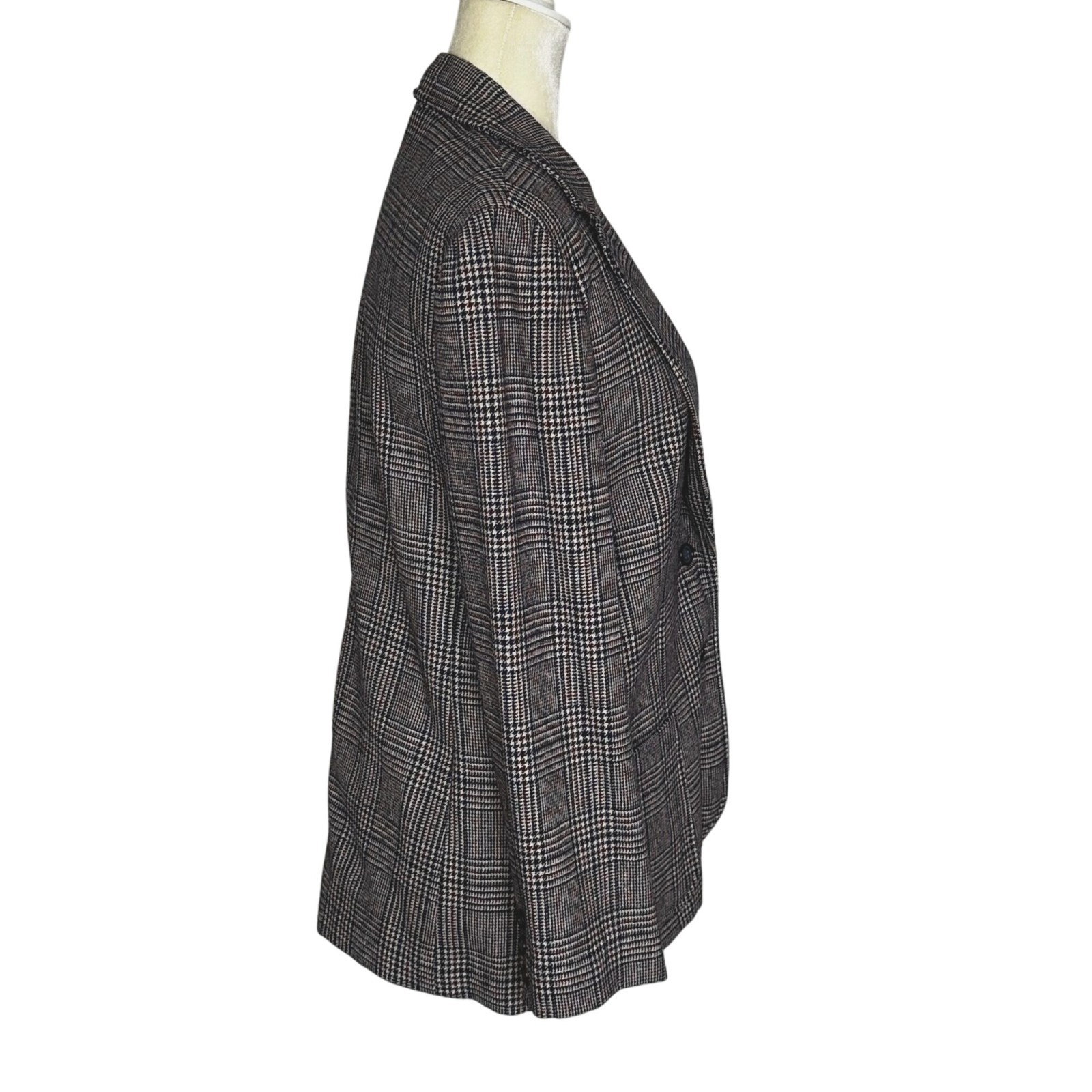 Vintage 70s Houndstooth Plaid Blazer Navy Burgundy Wool Look Tailored Medium