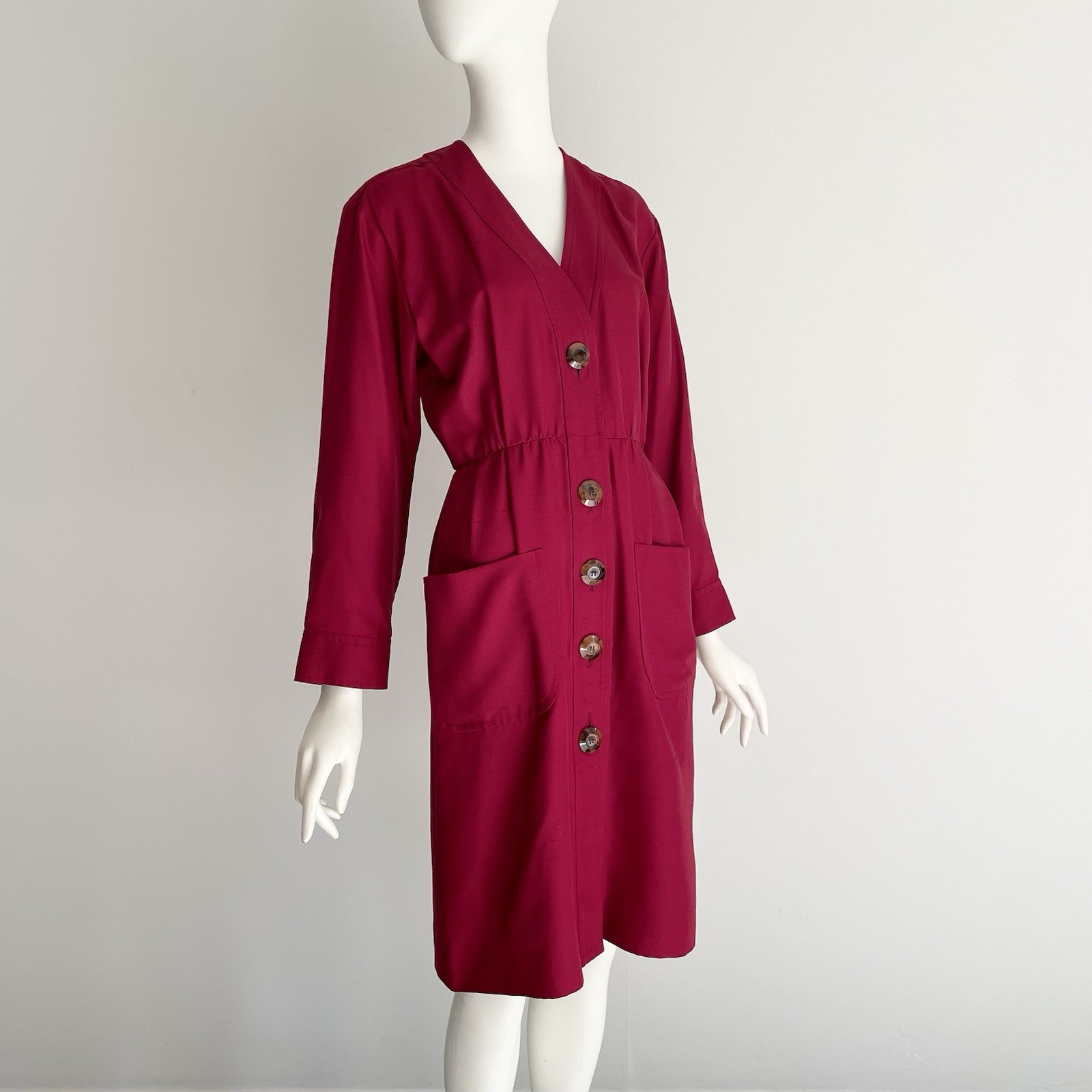 Yves Saint Laurent YSL Vintage 1990s Berry Red Raw Silk Classic Dress Size 36