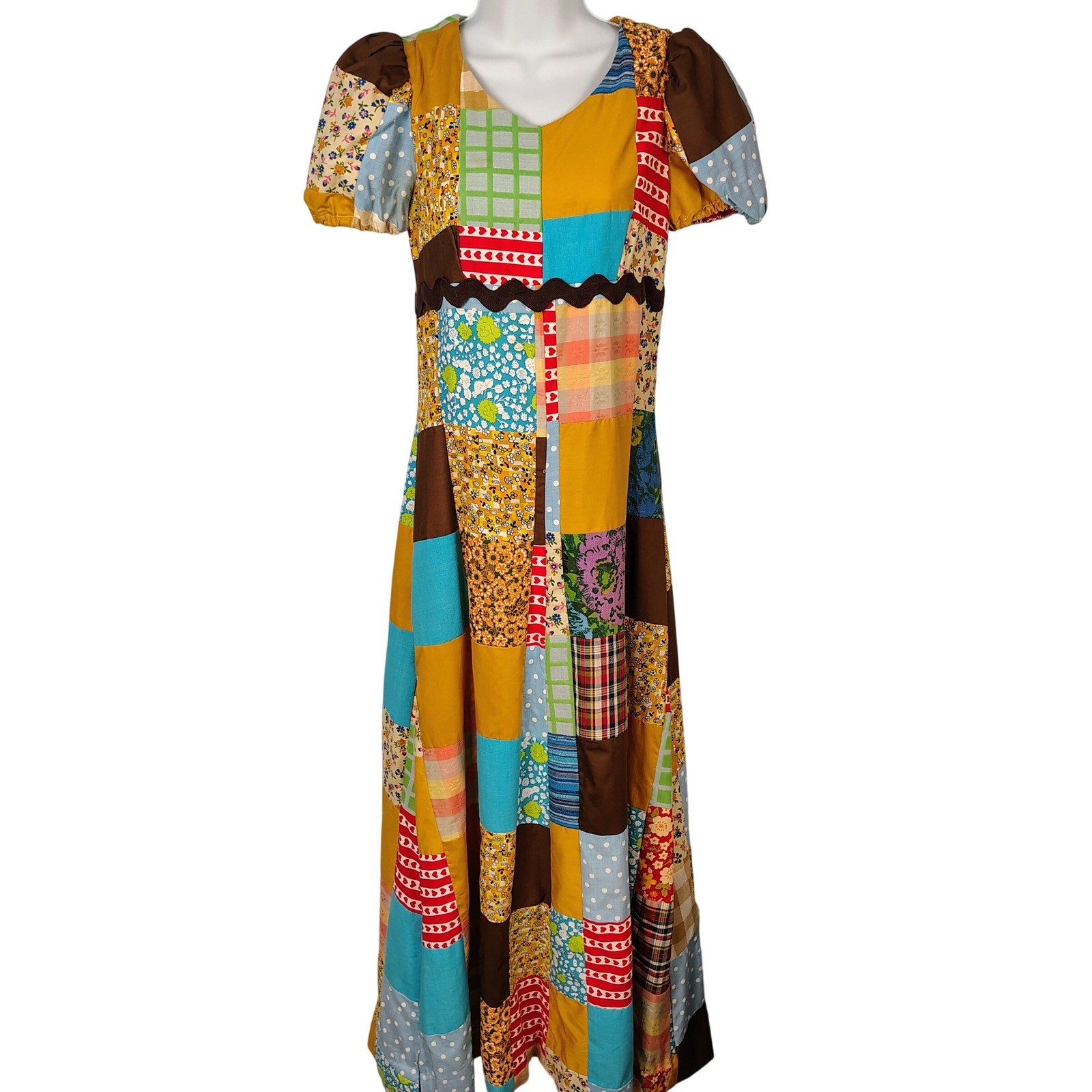 Vintage Handmade Patchwork Maxi Dress Multi Color Floral Gingham Rickrack Trim