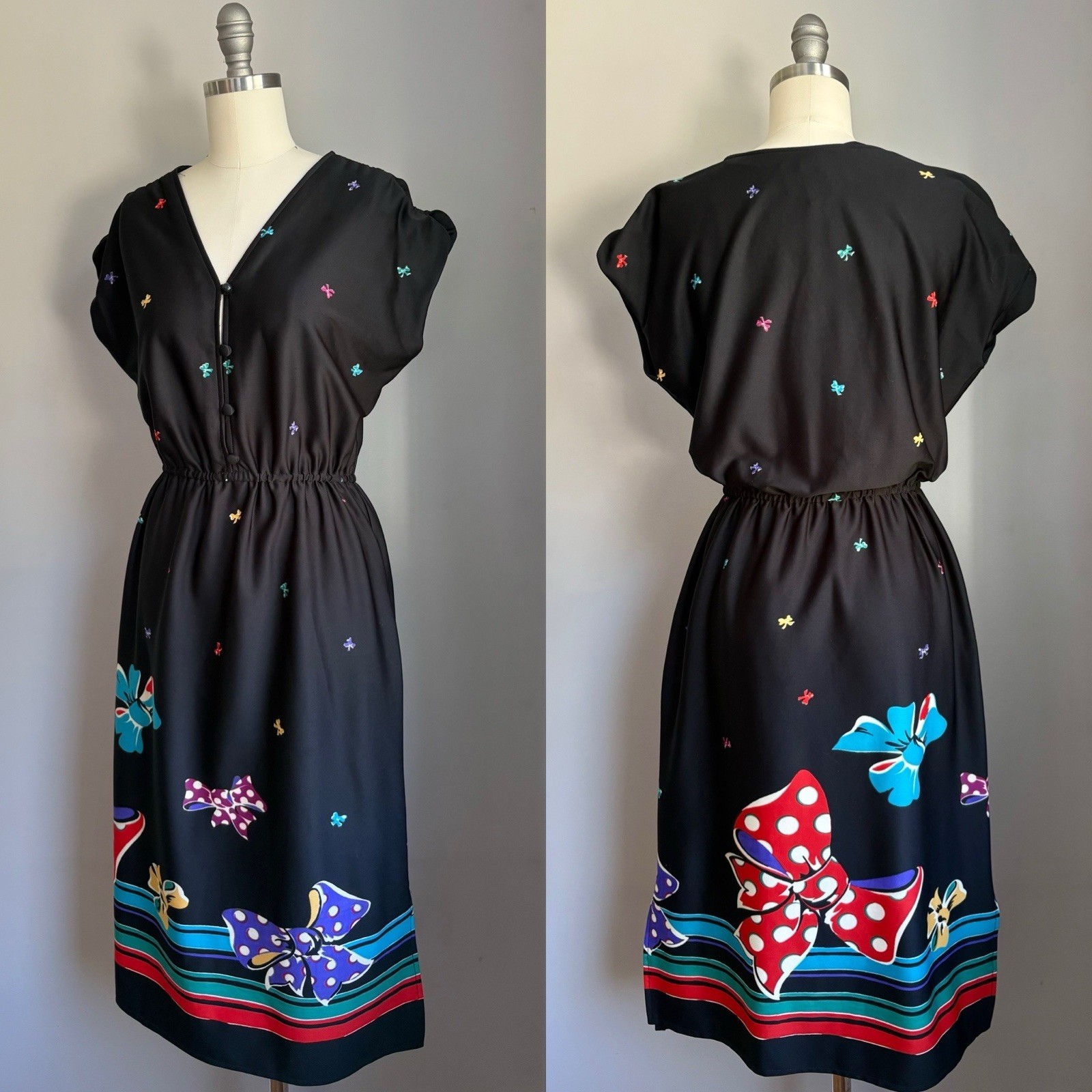 Vintage 1970’s Pop Art Bow Print on Jet Black Dress France Size S/M
