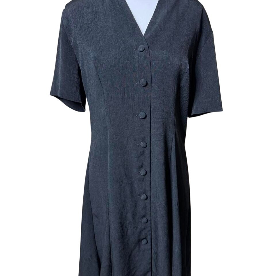 Petite Sophisticate Vintage Black Button Front Midi Dress Textured Crepe 10P