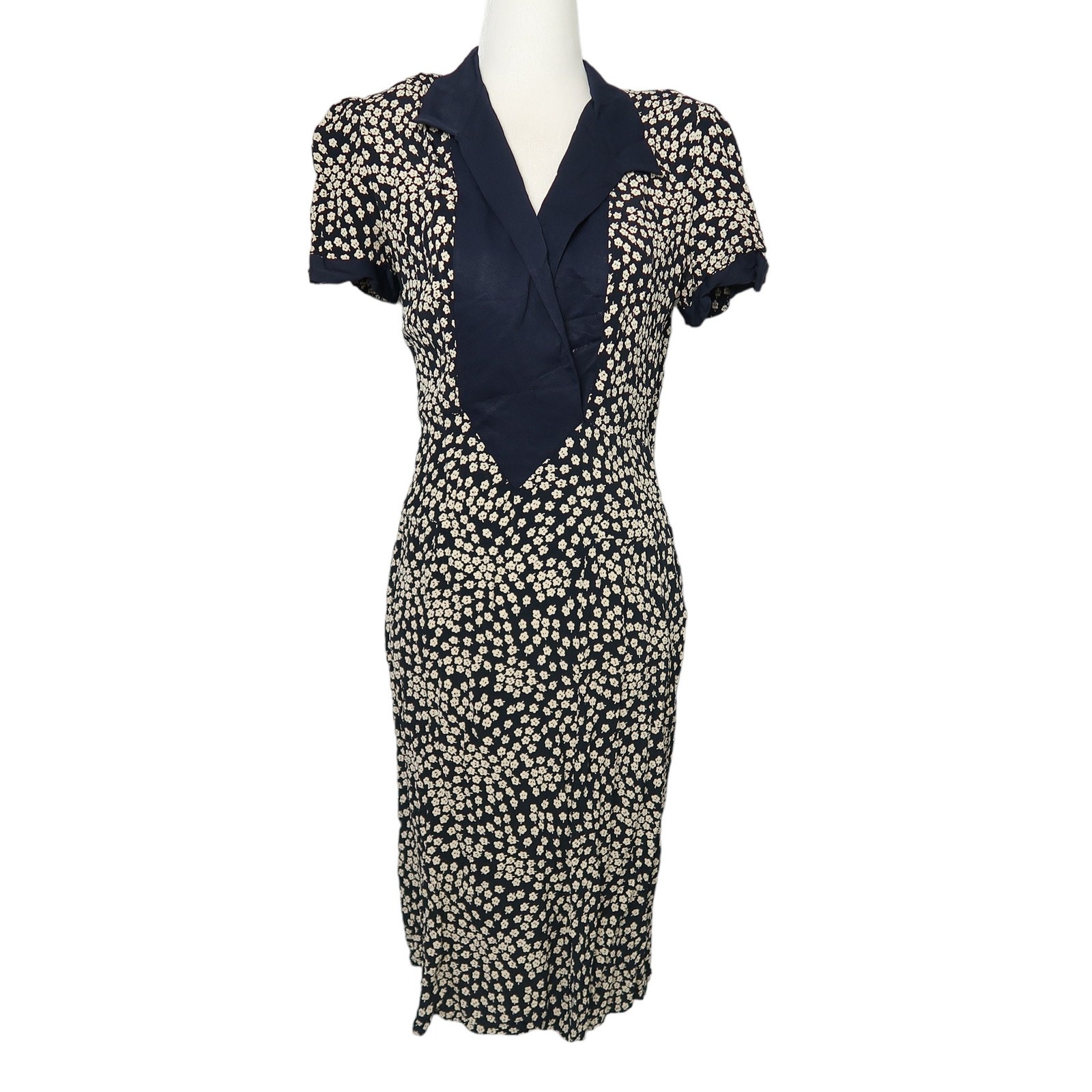 Vintage 90s navy blue and cream ditsy floral midi shirt dress S