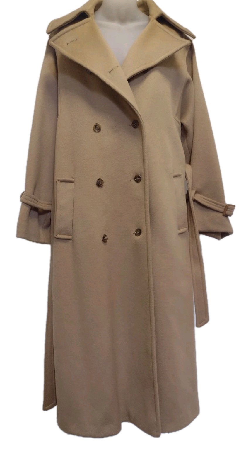 Vintage Stevens Forstmann Wool Long Coat Camel Belted USA ILGWU Quiet Luxury L