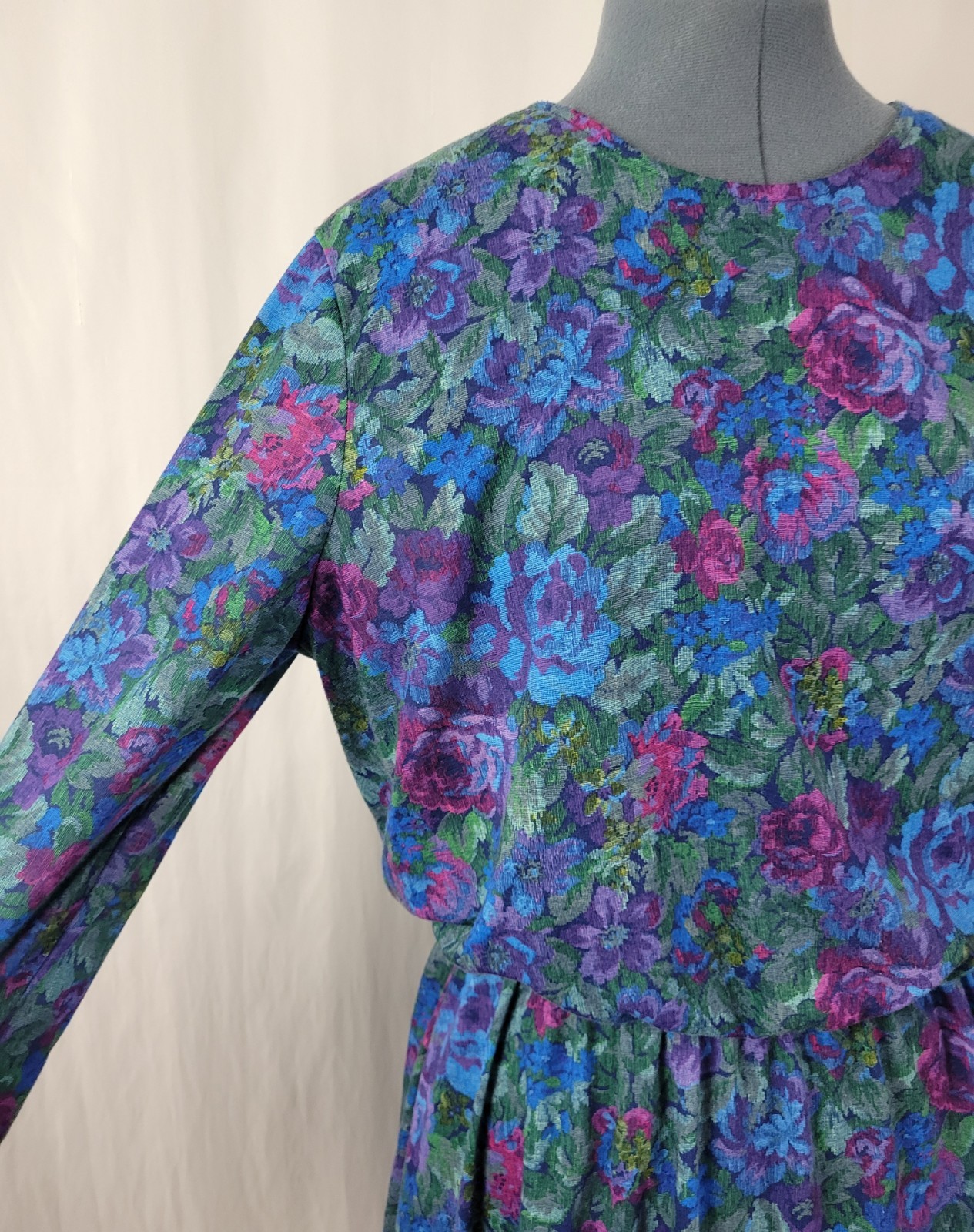 Vintage Sue Sherry Green/Purple/Blue/Magenta Floral Blouson Dress Size 16