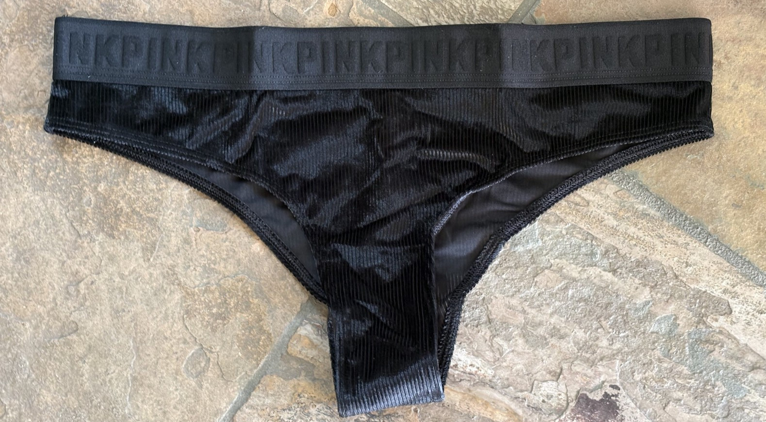PINK Victoria’s Secret Large Black Velvet Cheeky Itsy Bikini Panties NIP NEW