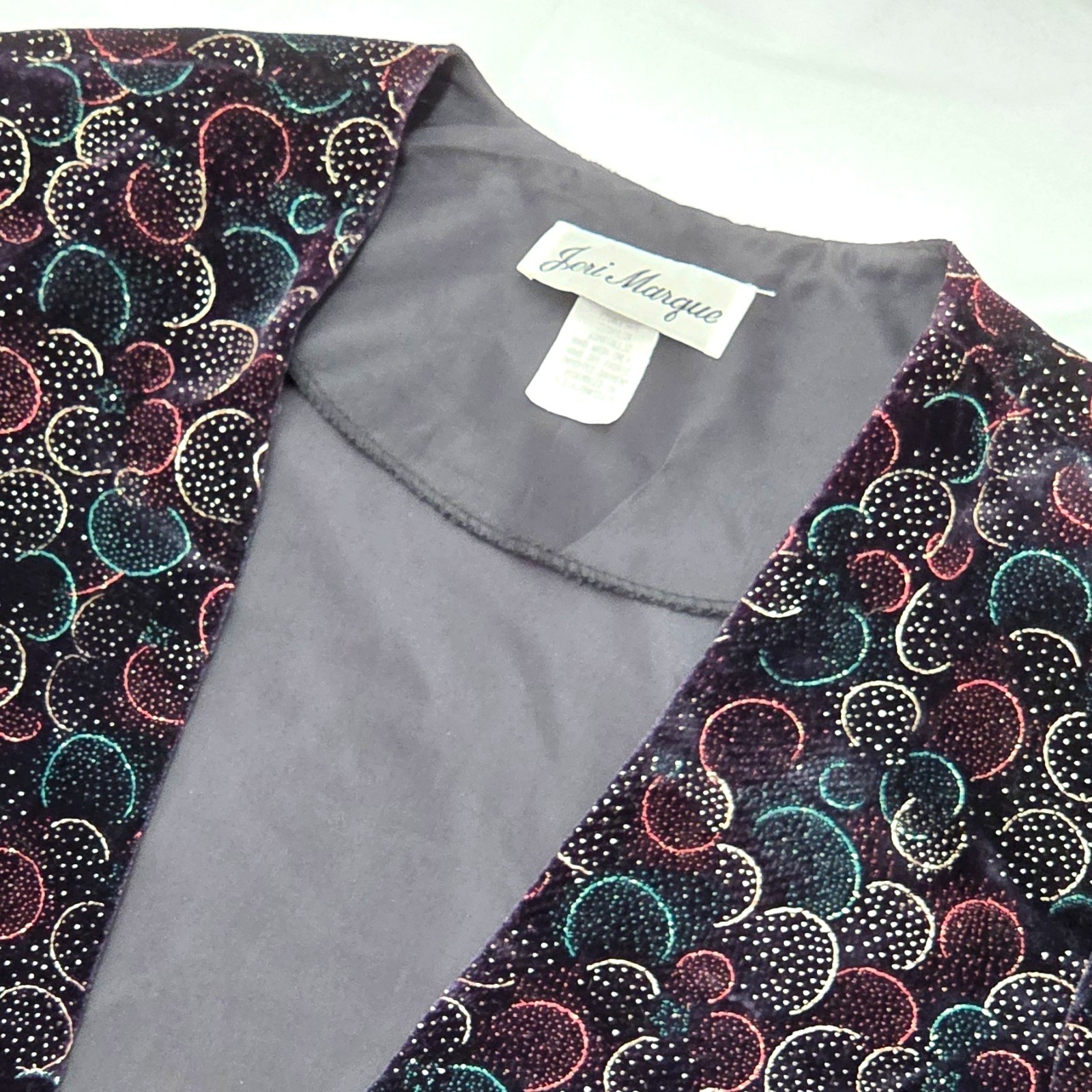 Vtg Jeri Marque Black Velvet Blazer Metallic Multicolor Design Shouder Pads Sz10