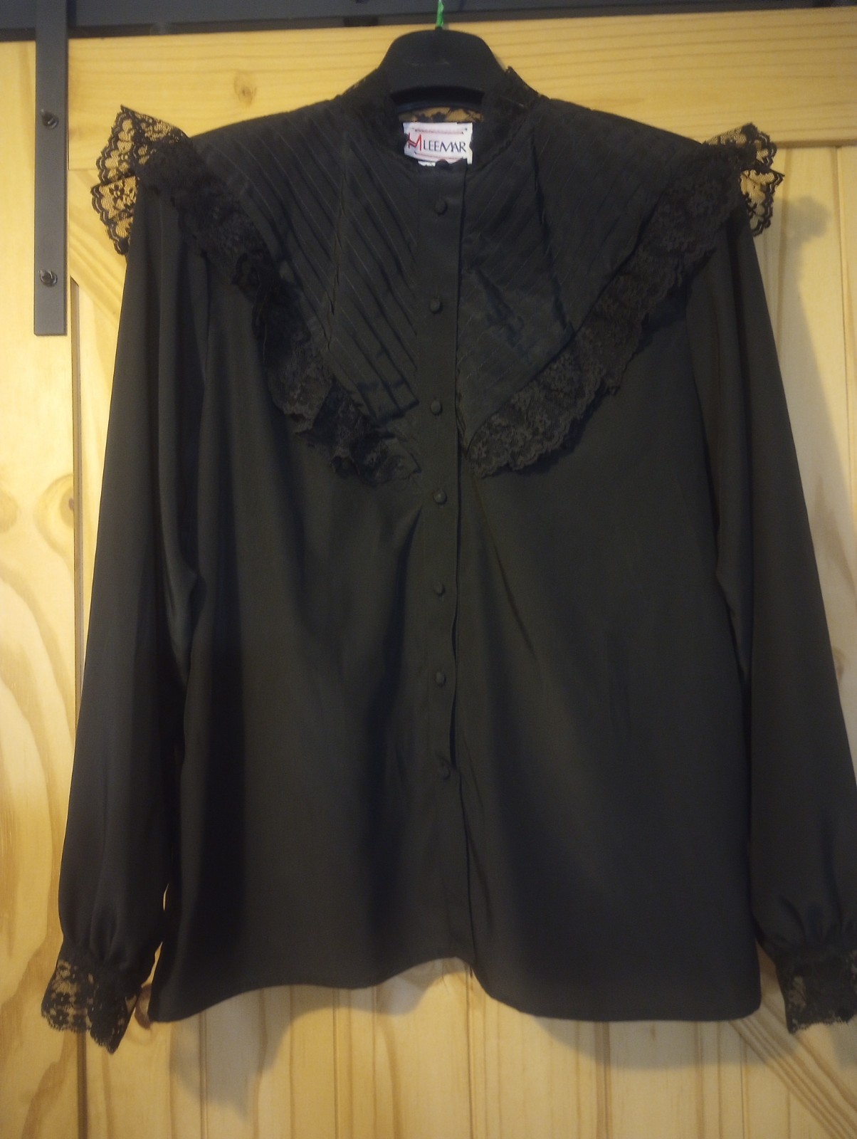 Women’s Vtg Sz 14 LS Black Blouse Lace Trim Button Up 80s Goth Victorian Style