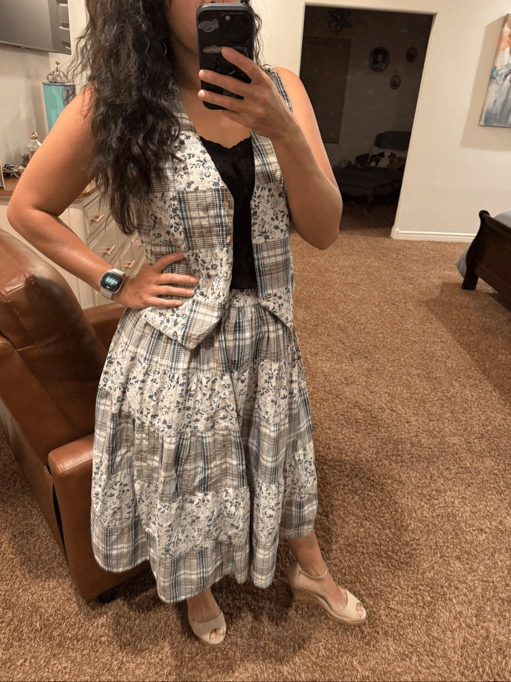 Erika & Co womens M 100% cotton country quilted vest full A-line pull on skirt f