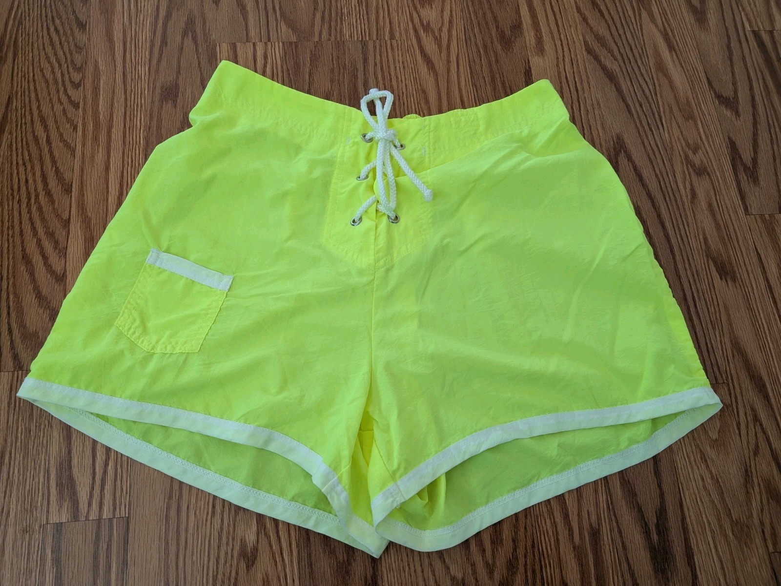 Vintage 90s Kathy Ireland Neon Yellow lace up front board shorts nylon M surf