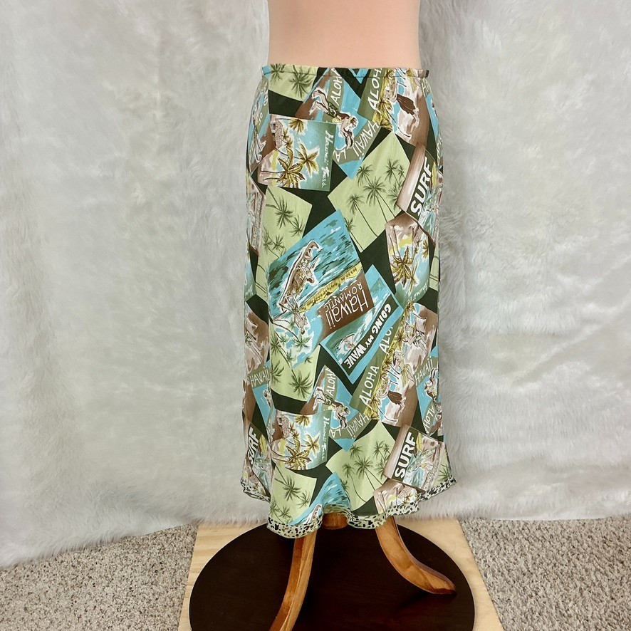 Vintage 90s 00s Green Blue Hawaii Surf Island Hula Print Silk Midi Slip Skirt M