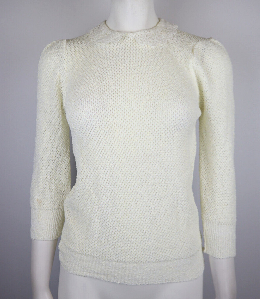 Vintage Adele Women’s Sweater Size XS Ivory 3/4 Sleeve Pullover Lace Collar