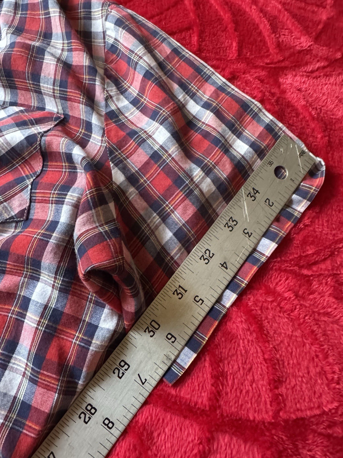 Vintage 70s Sears The Fashion Place Red Blue Plaid Button Down Shirt Size 14