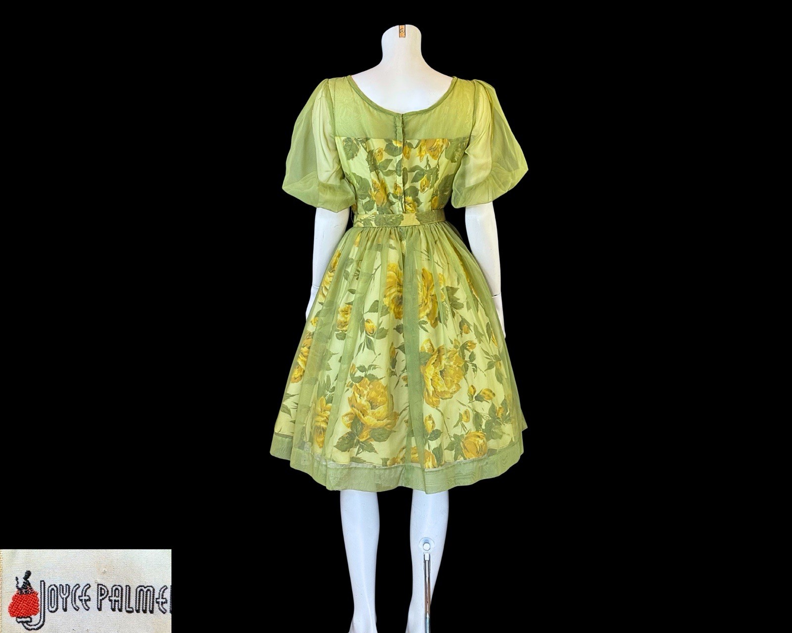 1950s Joyce Palmer Romantic Rose Floral Illusion Dress S