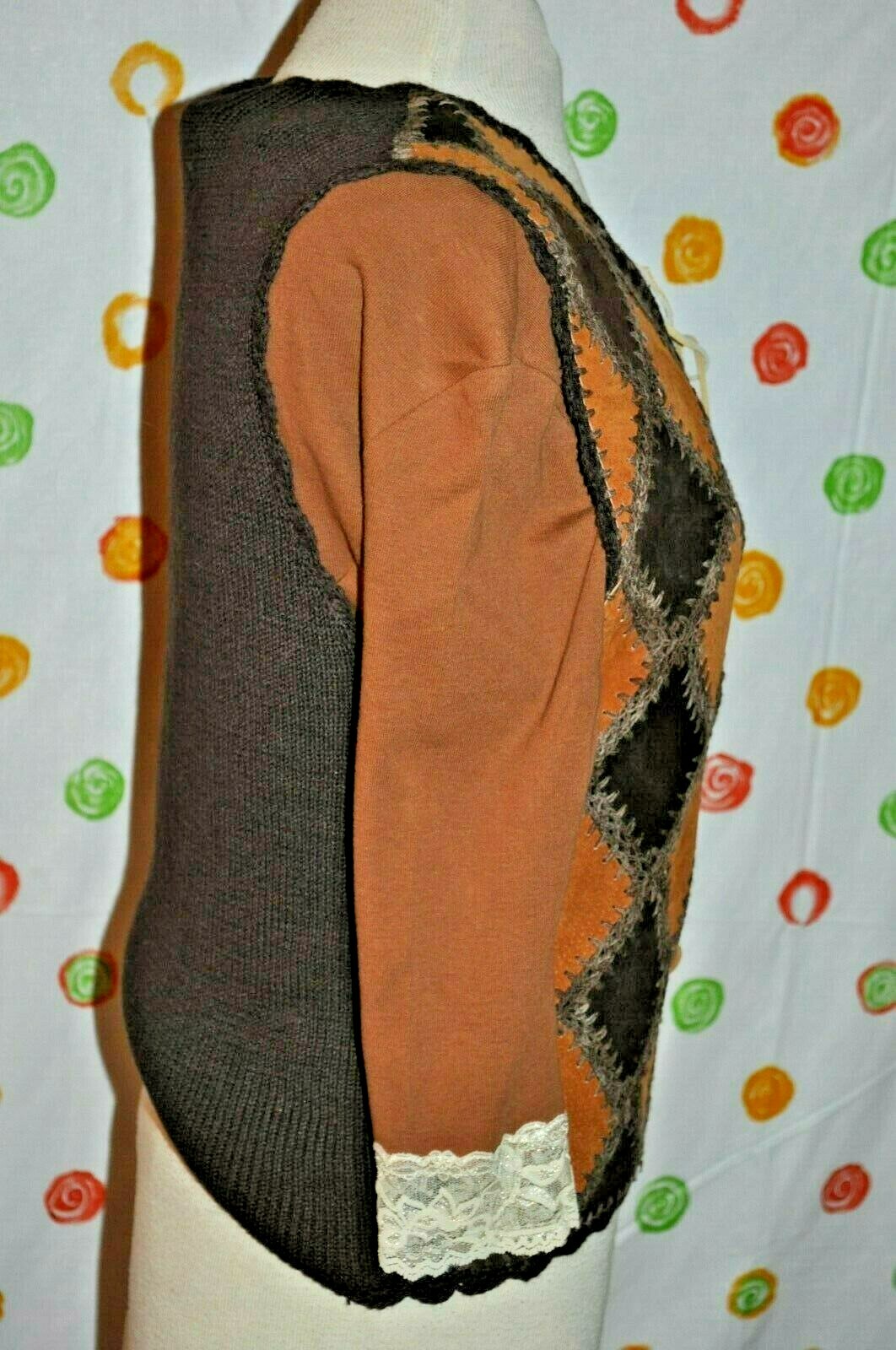 VINTAGE 2 pc Women`s M STUDIO Leather Knit Sweater VEST & Brown BOHO Hippie TOP