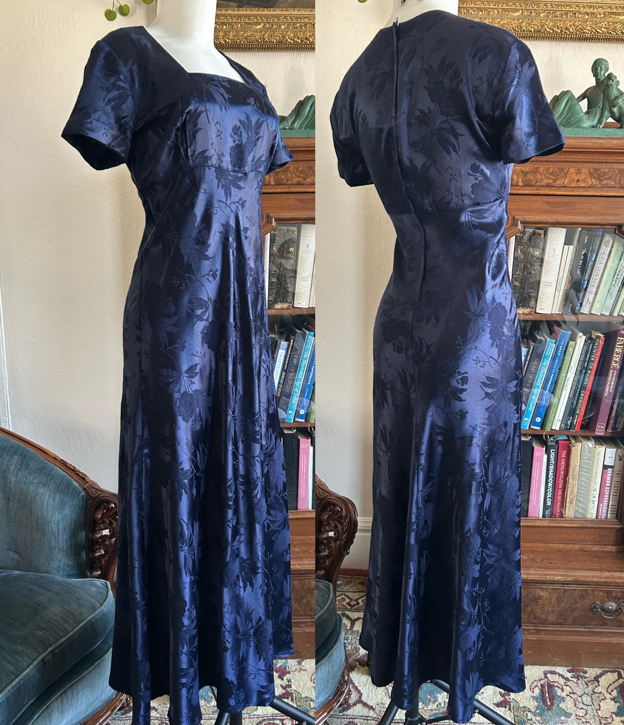 Vintage 1990s Deep Blue Satin Floral Maxi Dress Square Neck Bias Cut S 5/6 Y2K