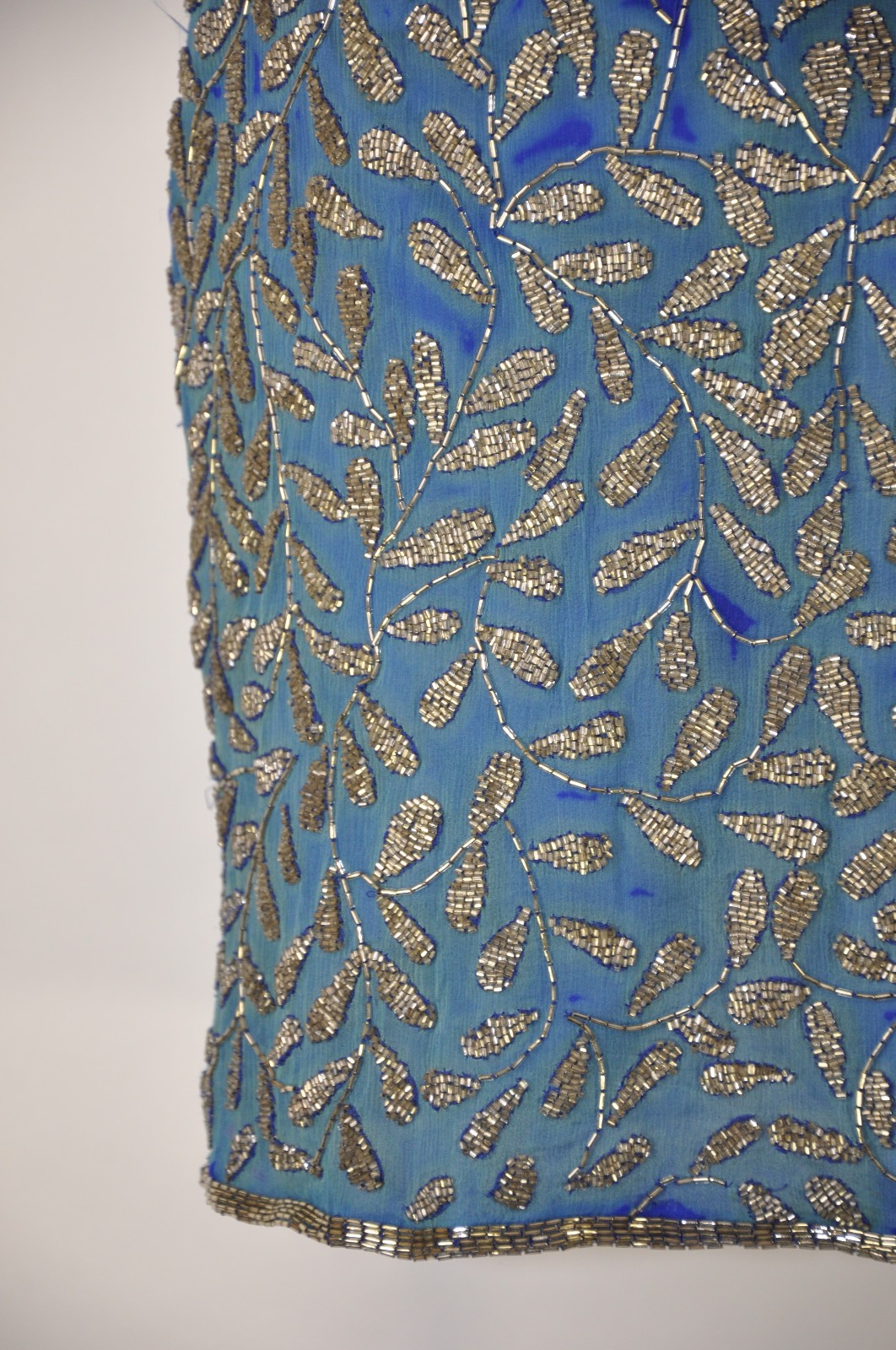 80s Vintage Blue Silk Silver Beaded Jeweled Leaves Backless Halter Mini Dress S
