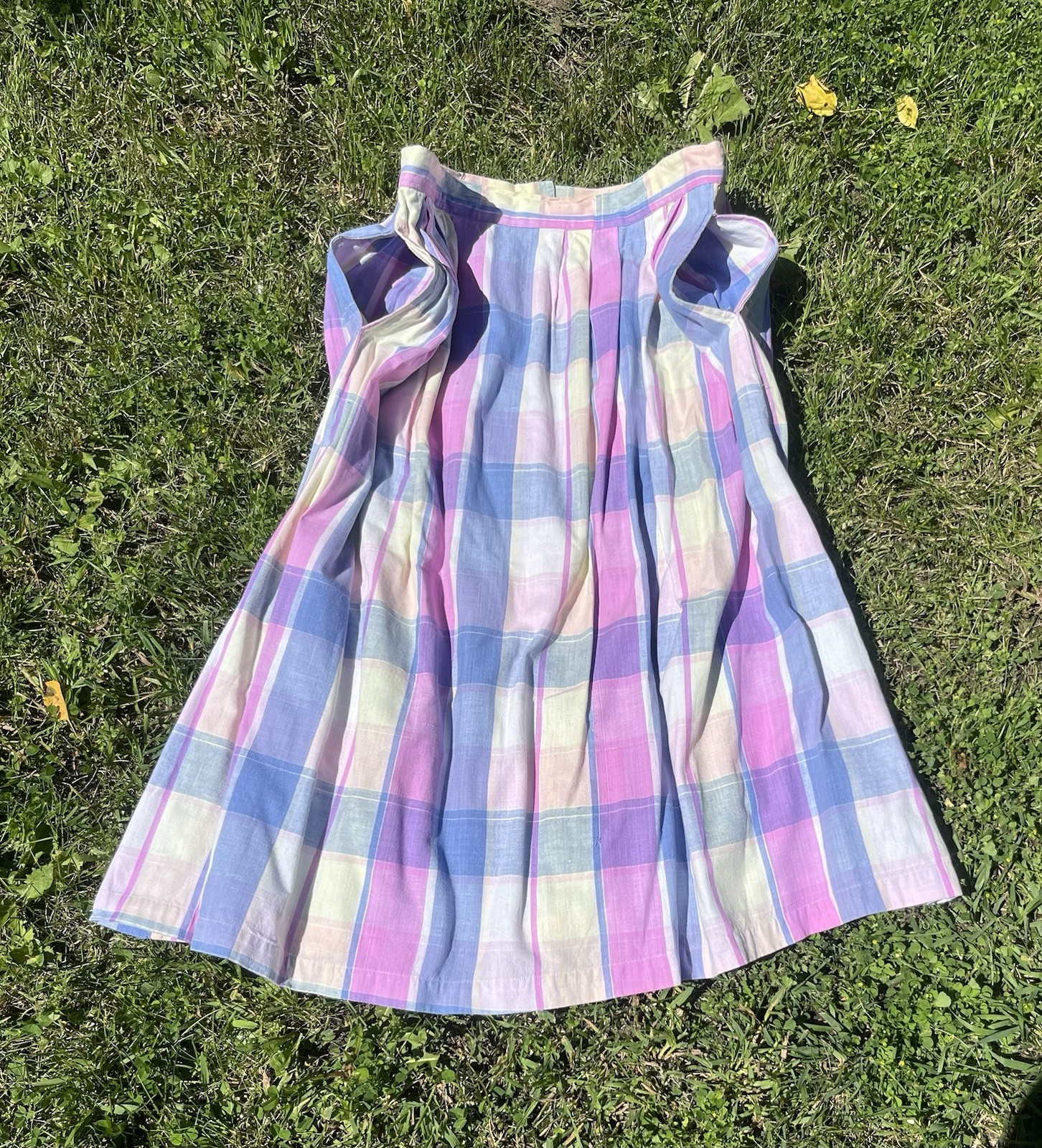 Vintage 1980s E.V. Ltd. Woven Cotton Pastel Plaid Midi Skirt Size L w/ Pockets