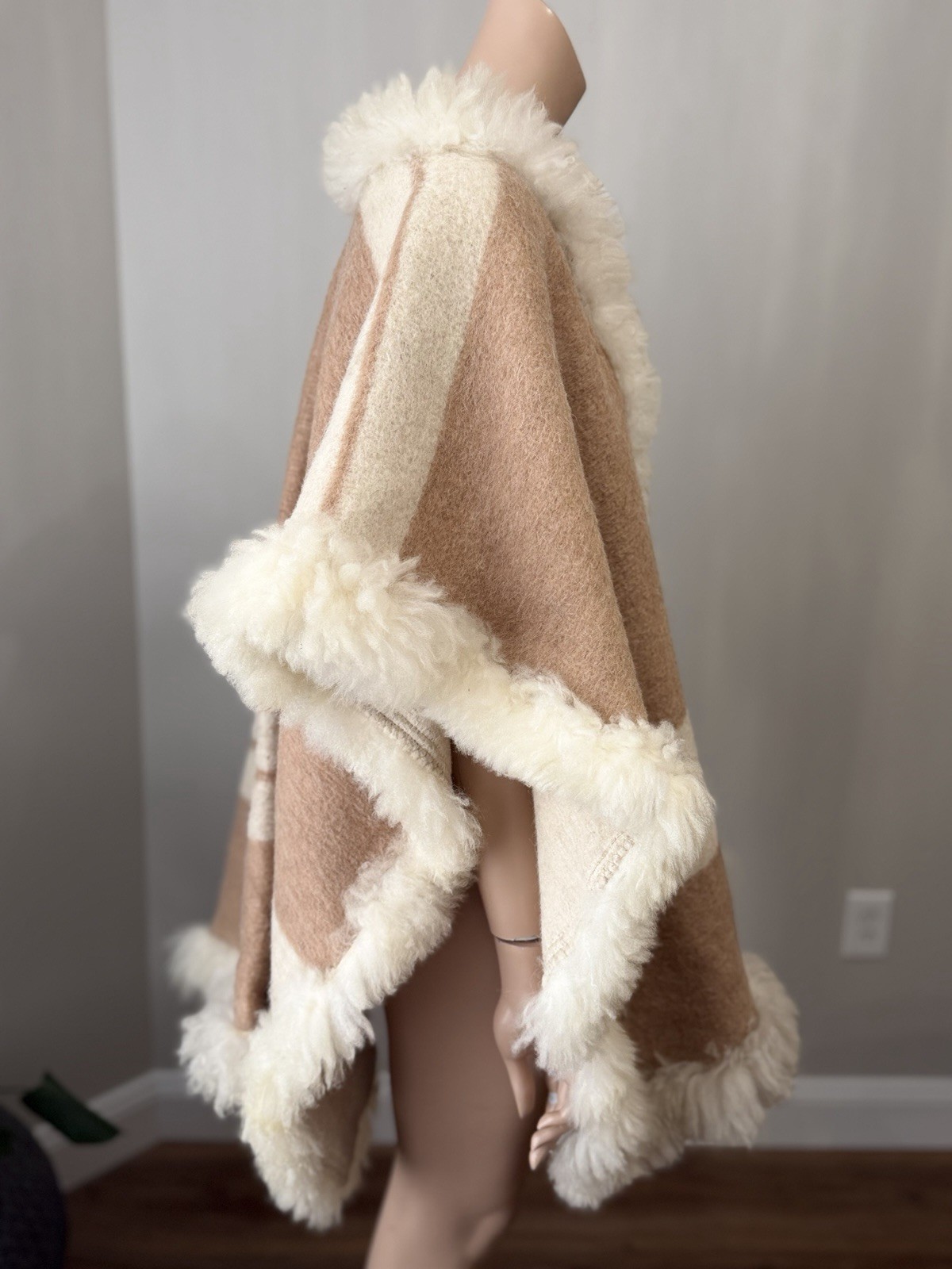 Vintage Boho Shearling Alpaca Trim Wool Cape Poncho Striped Wrap OS