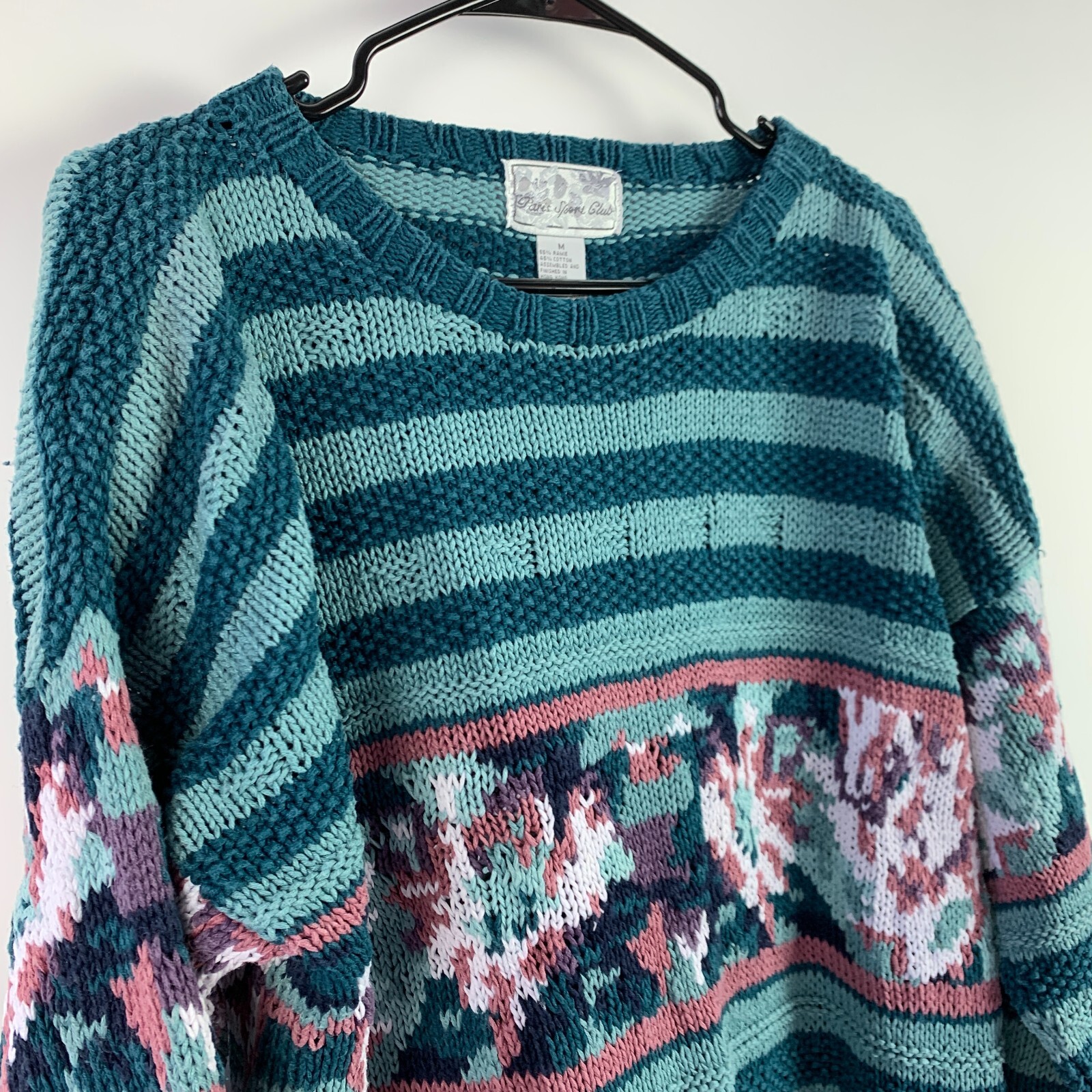 Vintage 80s Paris Sports Club Striped Floral Artsy Sweater Womens Medium