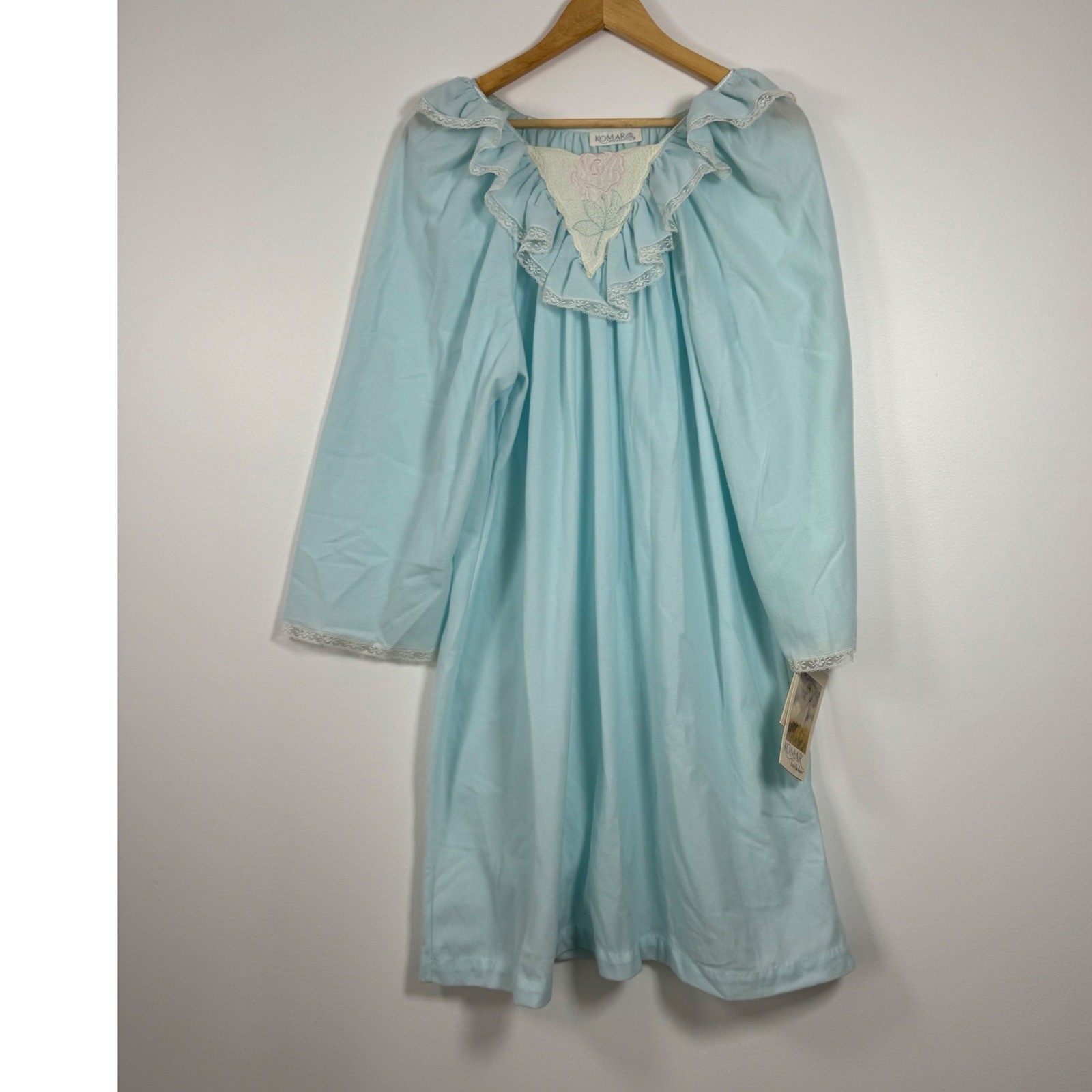 Vintage GrandmaCore Komar Nightgown Women Large Light Blue Lace Floral NWT USA