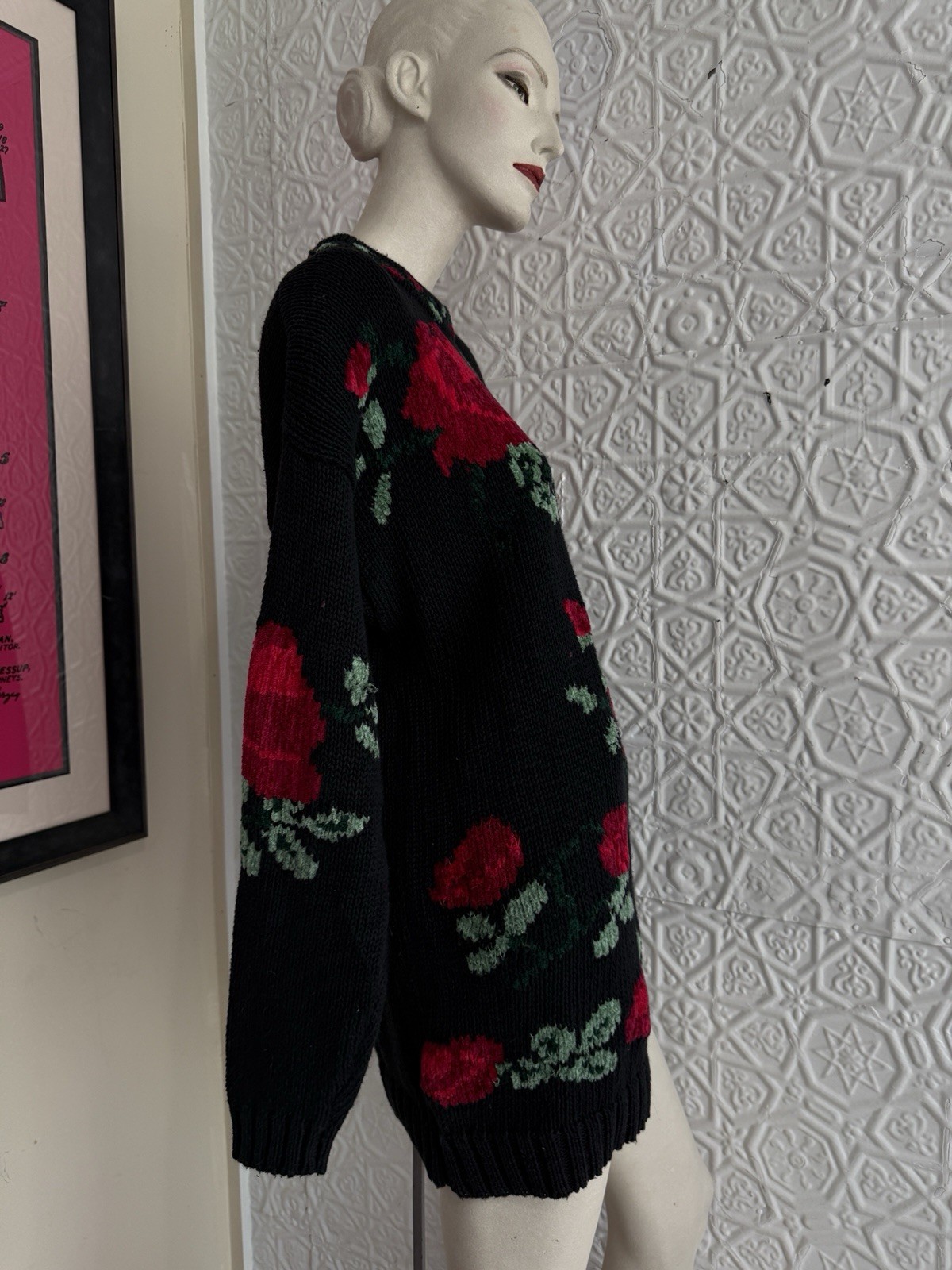 vintage 1980s/90s black floral intarsia sweater chenille cotton roses oversize M