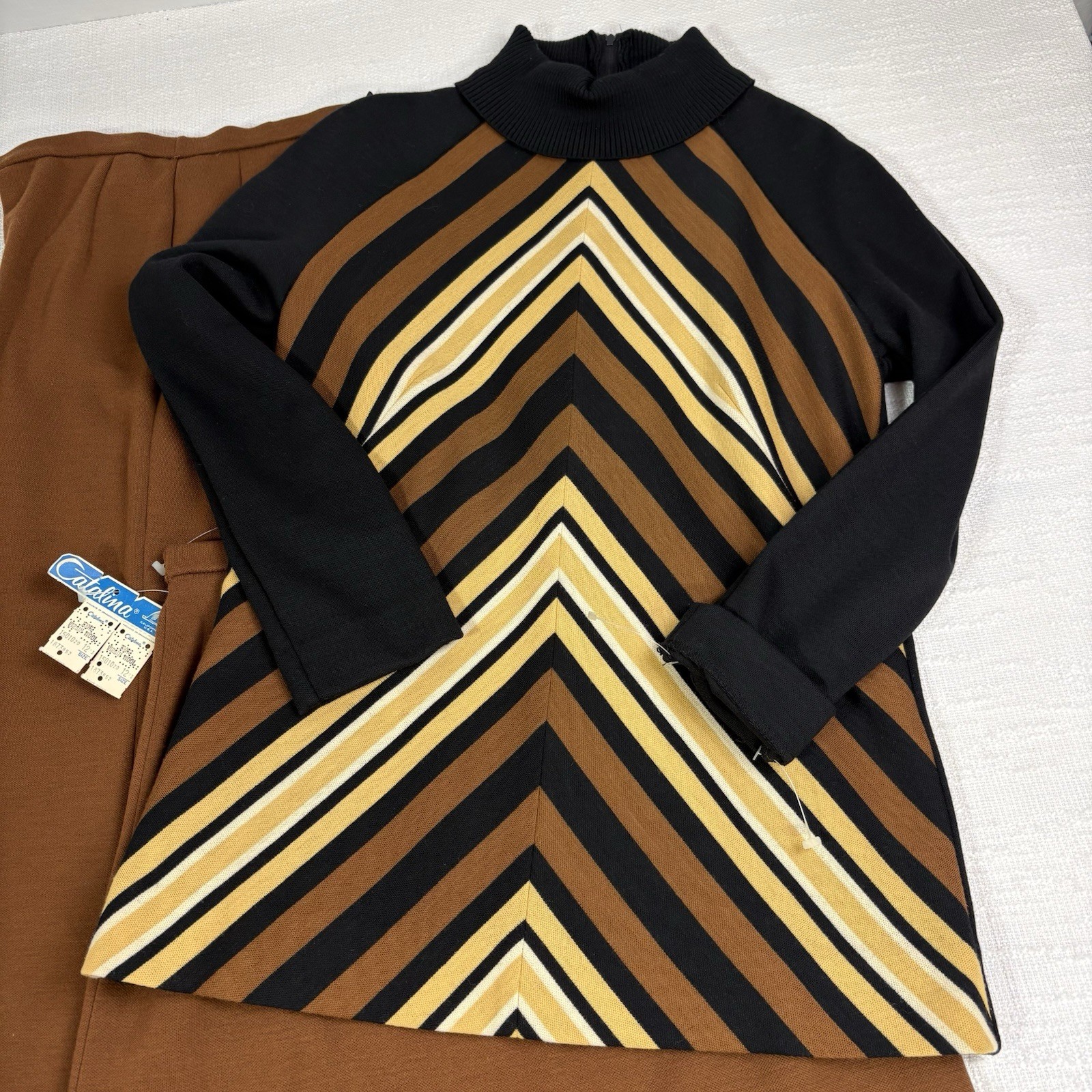 Vintage Catalina Wool Knit 3 Piece Set Top Skirt Pants Mod Chevron Womens NEW