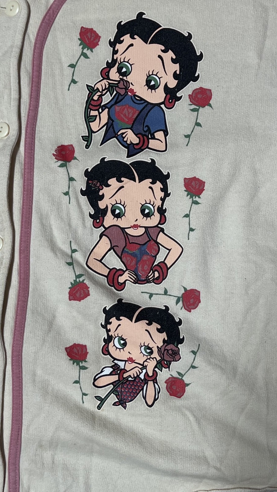 Vintage 1995 Betty Boop Graphic White Pink Baseball Jersey Button-Up Shirt Sz XL
