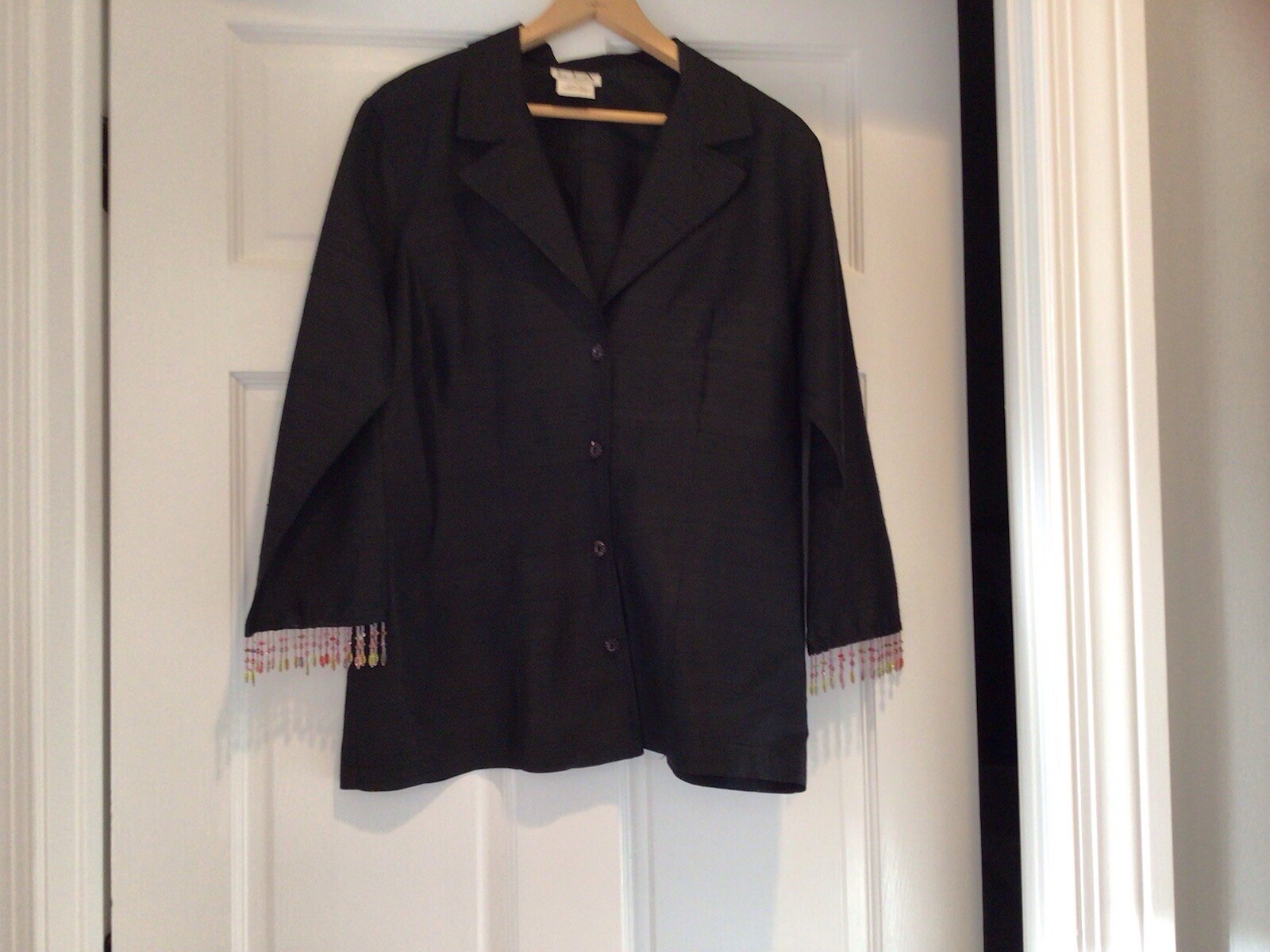 LIA Blouse /Jacket, Woman’s Large , Beaded Sleeve Edges, Black, Runs Small, Vtg