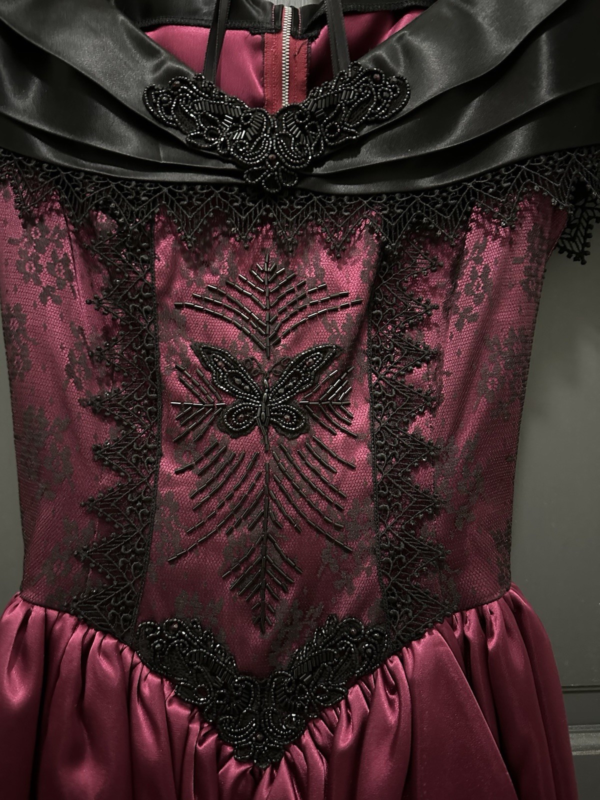 Gorgeous Vintage Burgundy & Black Evening Gown W/Hand Sewn Beading/Corset bodice