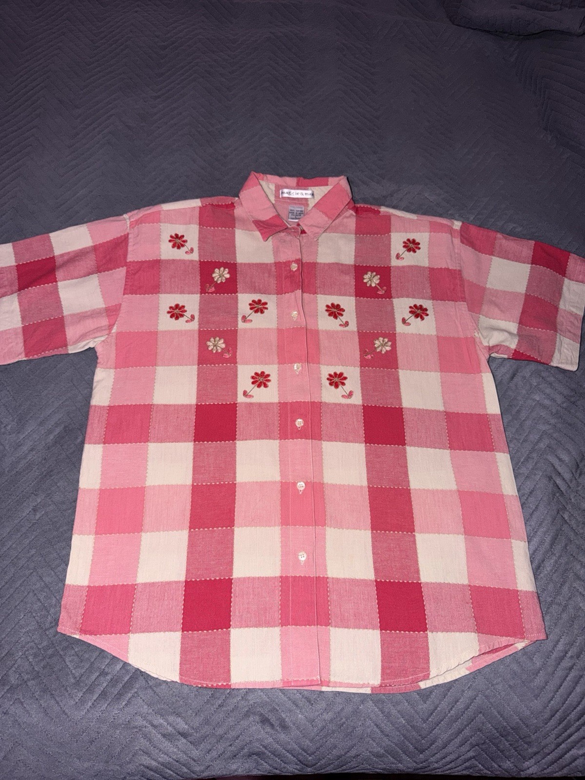 Vintage 90s Maggie Max Gingham Pink Shirt Embroidered Flower L Shoulder Pads