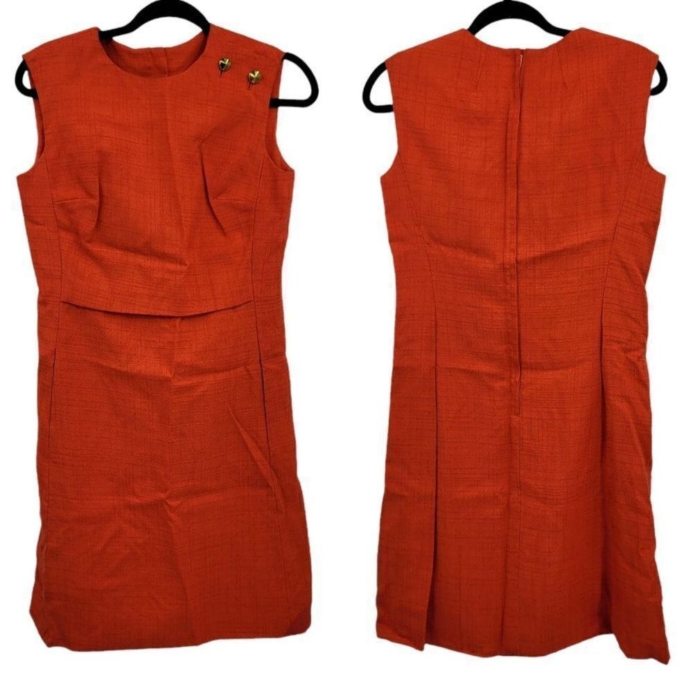 70’s Mod Brady Bunch Handmade Hostess Dress Sz S Pockets Orange Mad Men Office