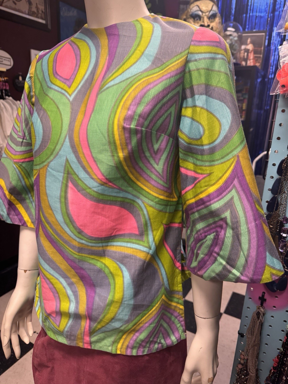1960s Handmade Psychedelic Top With Back Buttons Mid Bell Sleeves