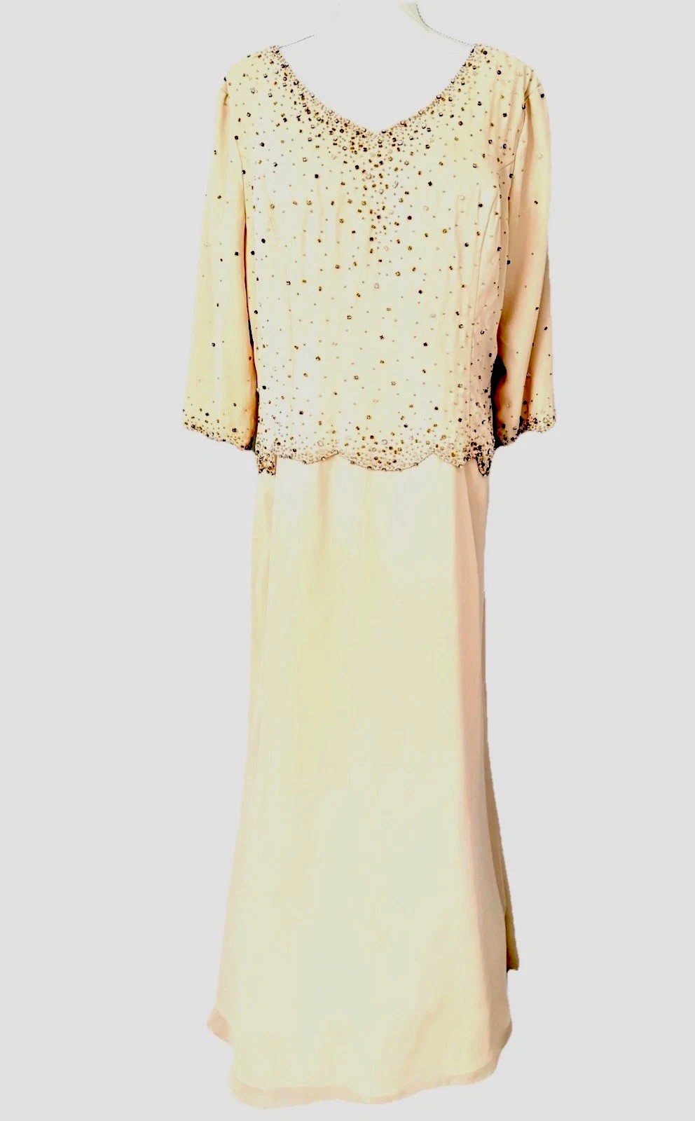 Vintage La Belle Fashions Formal Long Dress Lgt Beige Bead Top 3/4 Sleeves Sz 16