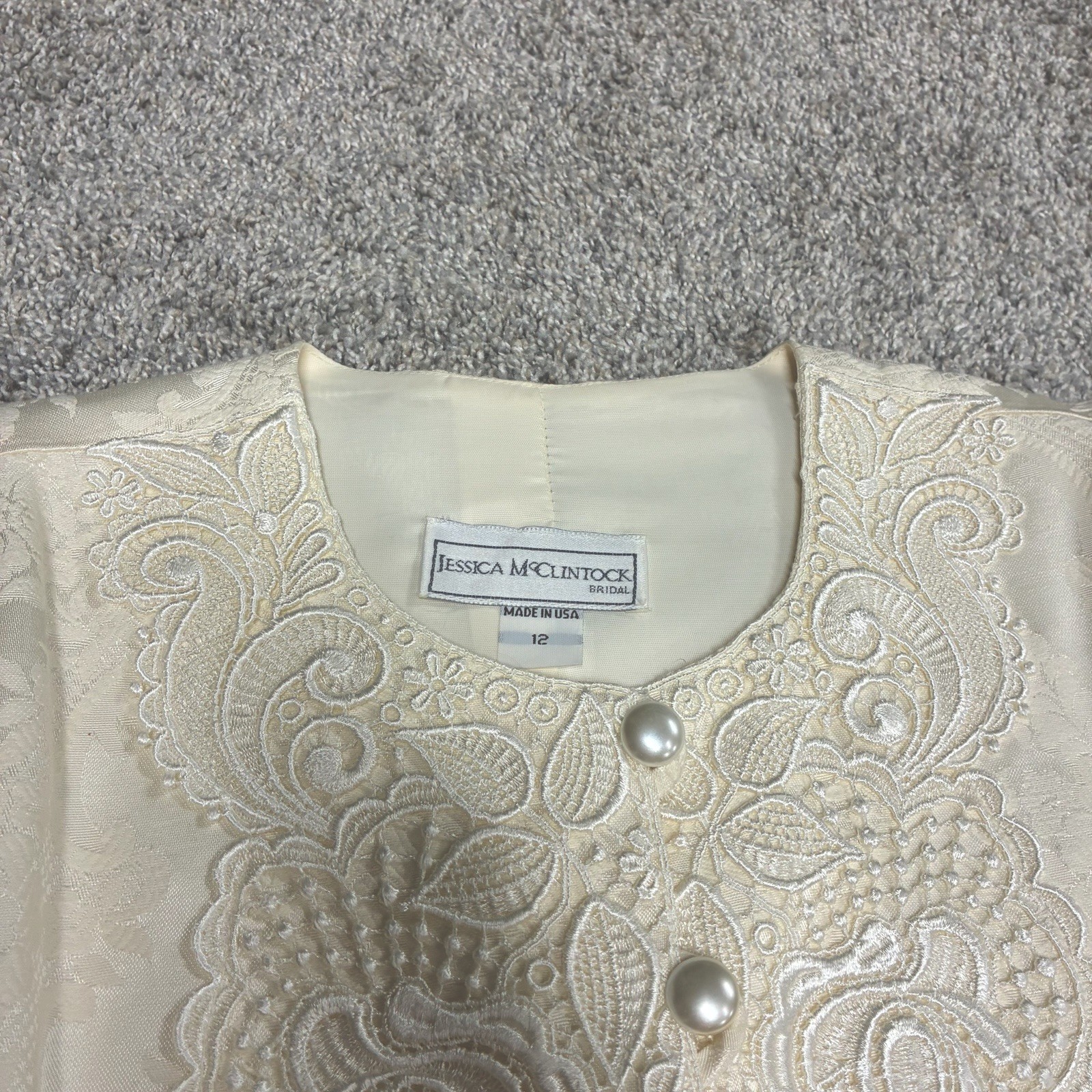 VTG Jessica McClintock Bridal Suit Sz 12 Ivory Peplum Jacket Jacquard Lace 80’s