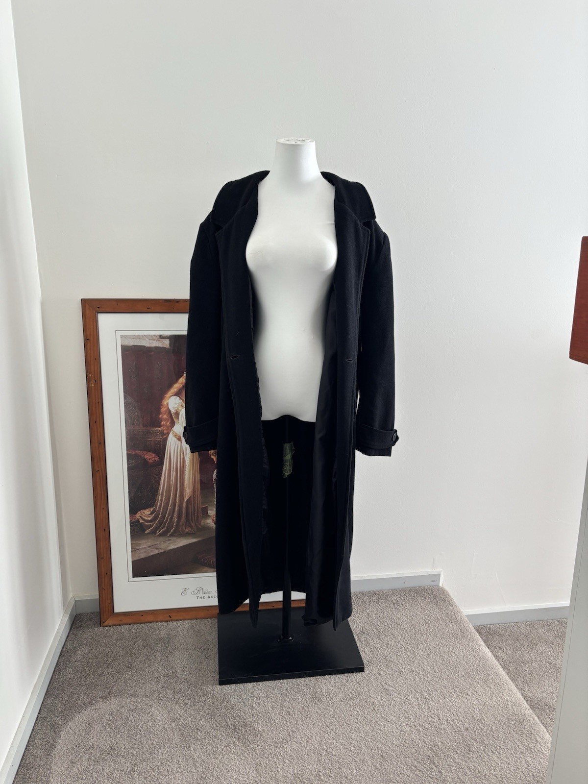 Vintage Riki Nathan Black Wool Cashmere Blend Longline Trench Coat M/L Business