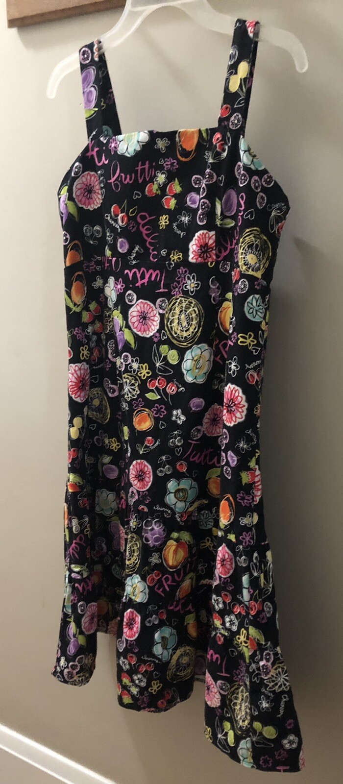 Karin Stevens Black Tiered Sundress Size 10 Colorful Fruit Cherry Smocking Fun