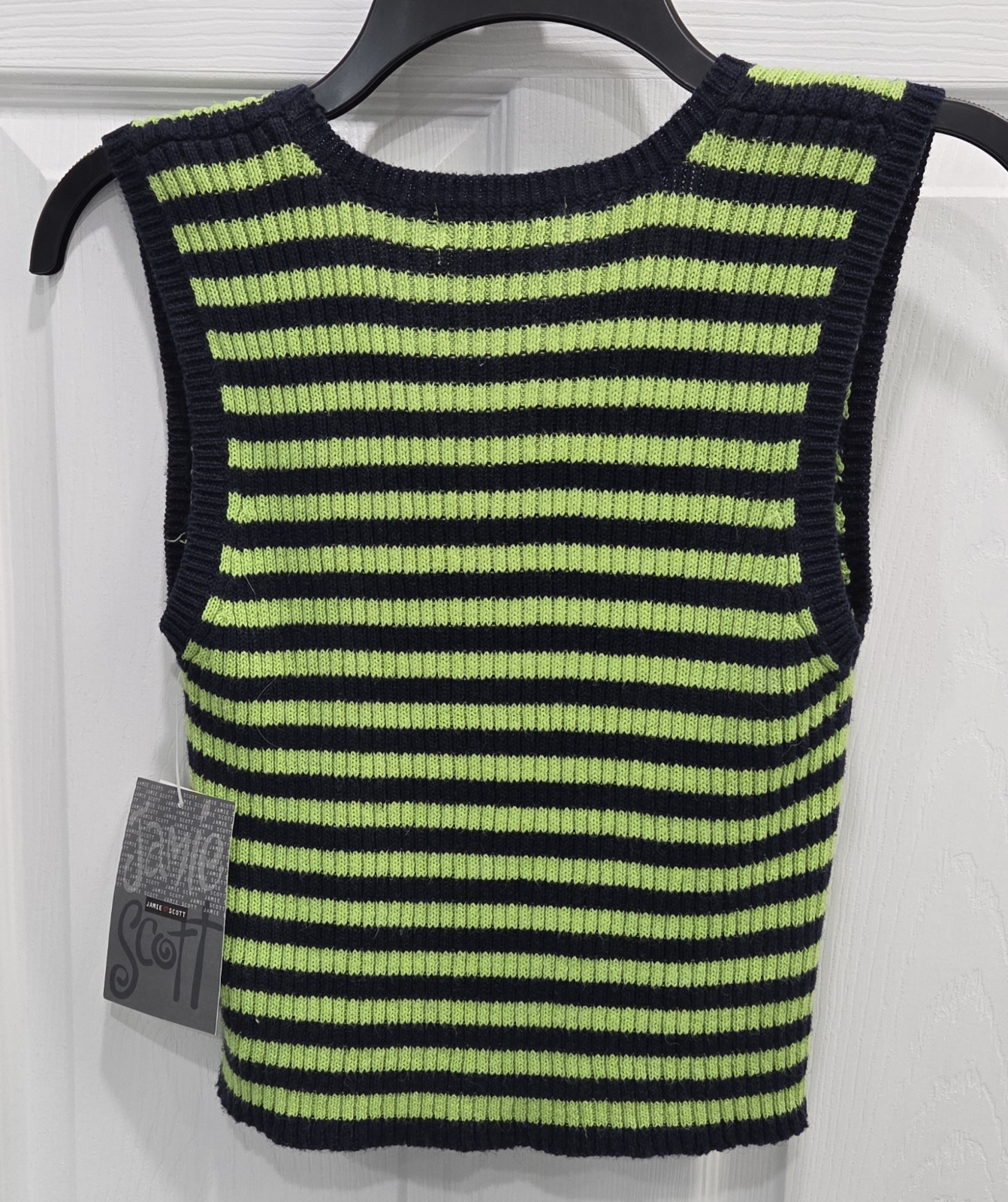 Vintage Jamie Scott NWT Striped Knit Sweater Tank Top Large Lime Green Navy