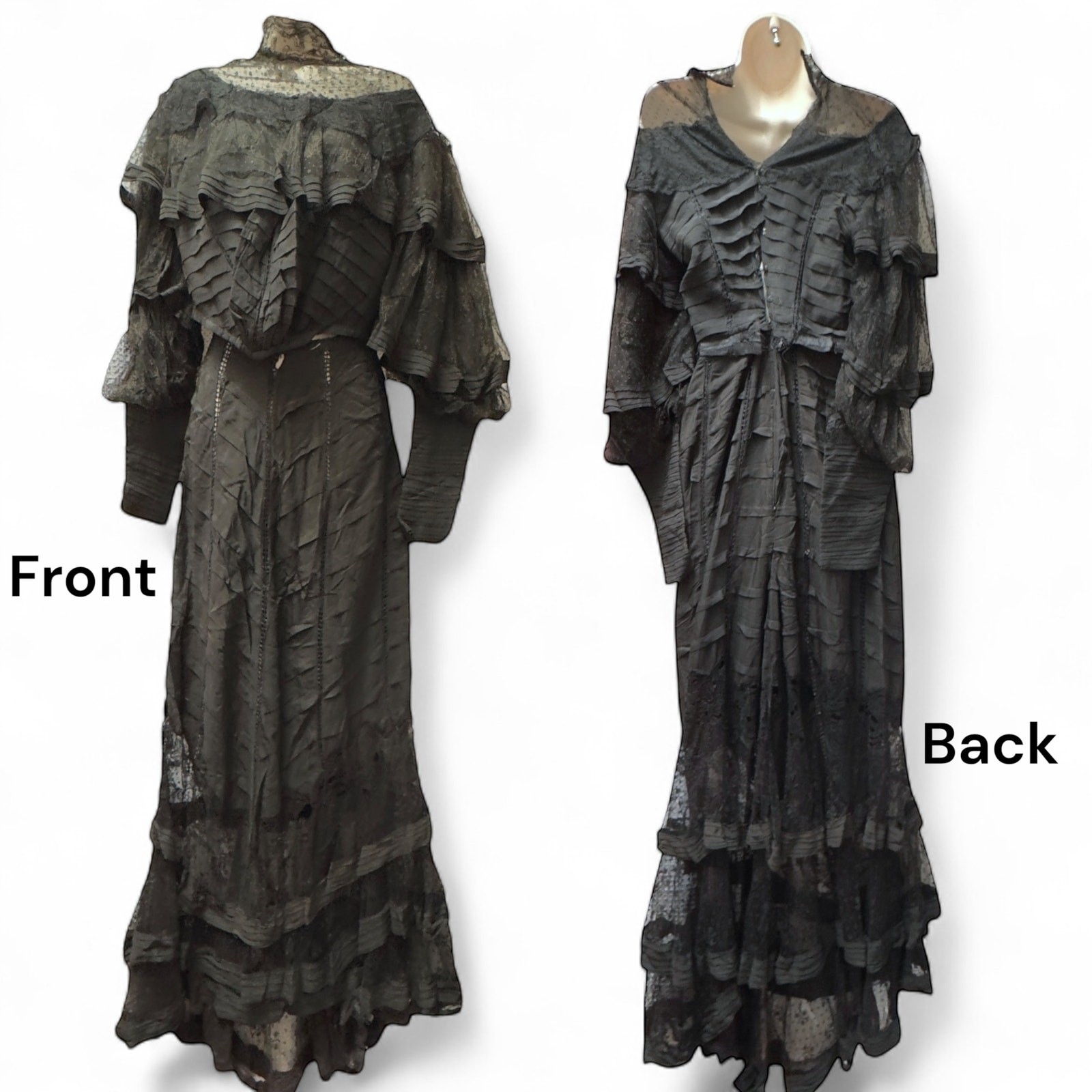 Antique Victorian Black Silk Lace Mourning Gown Dress 1900s Bodice Skirt Set