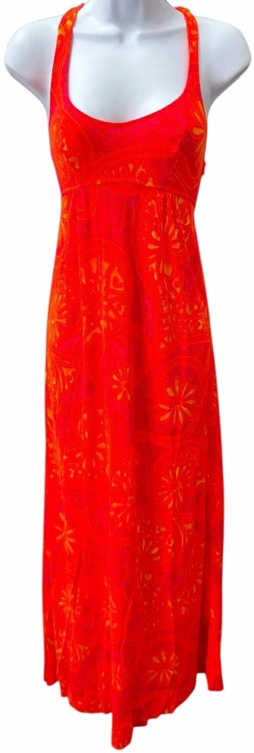 Vtg 70s Tropical Psychedelic Print Maxi Dress Xs/S Orange Sleeveless Stretch