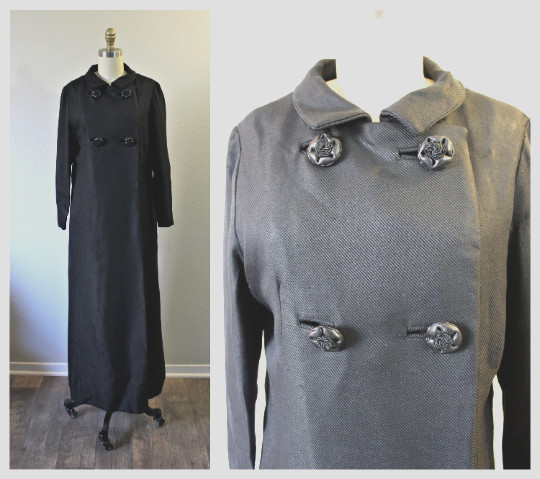 VTG 30s 40s Black Silk Wool Victorian Steampunk Full Length Opera Holiday Coat