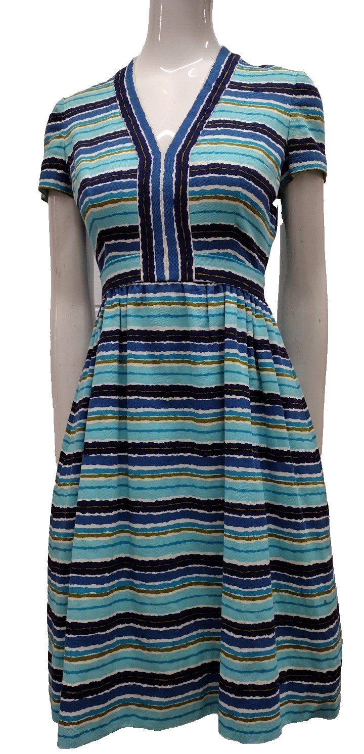 Vintage MCM Papillon Dress Audrey Style Mid Century Stripes Avocado Blue W 24″