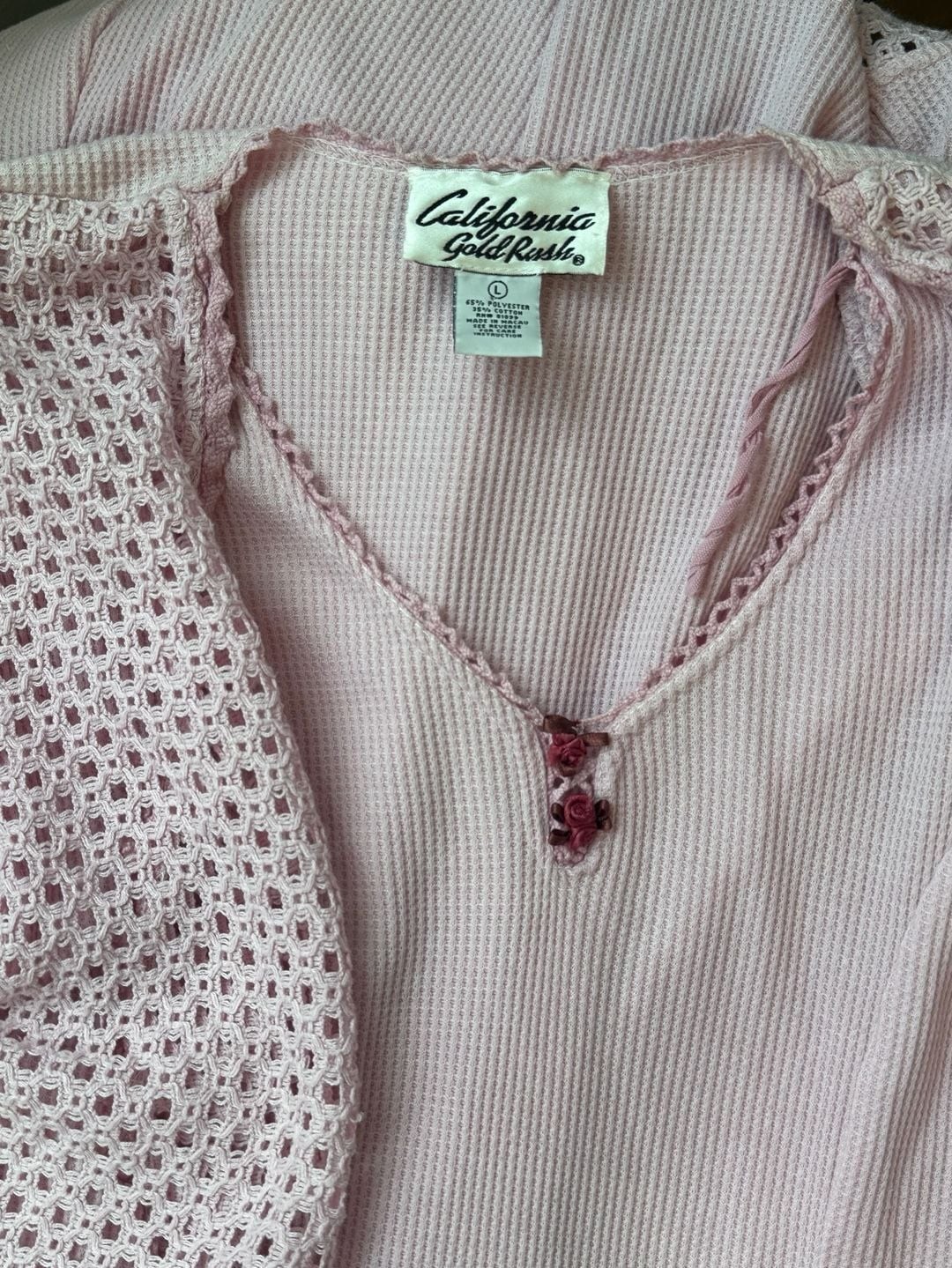 Vintage 70s 80s 90s Pink Rosette Crochet Knit Corset Dress