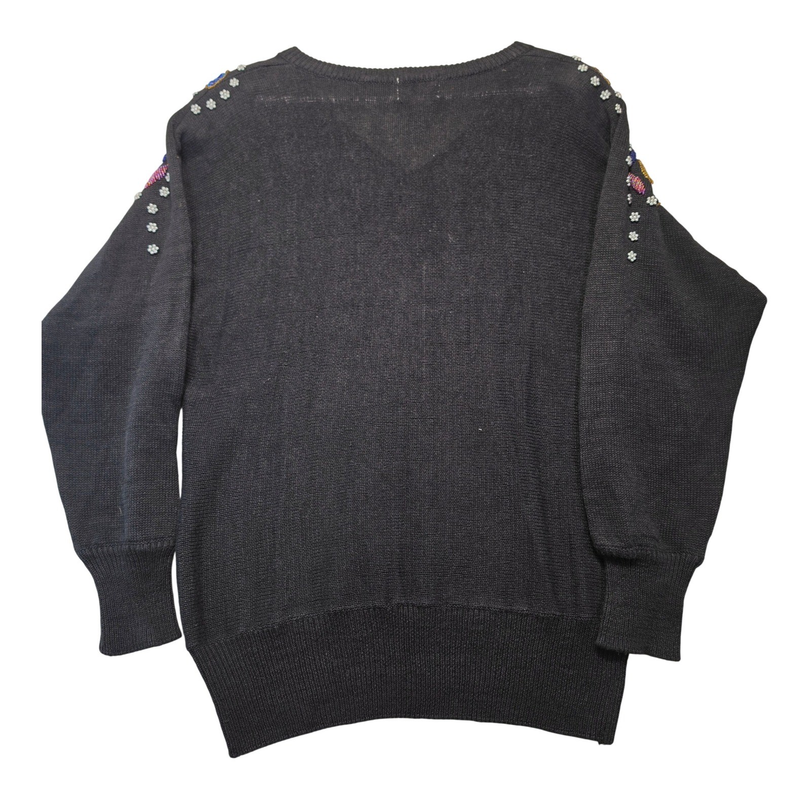 Vintage 1991 SML Sport Ltd Black Beaded Sequin V-Neck Sweater Womens M Retro